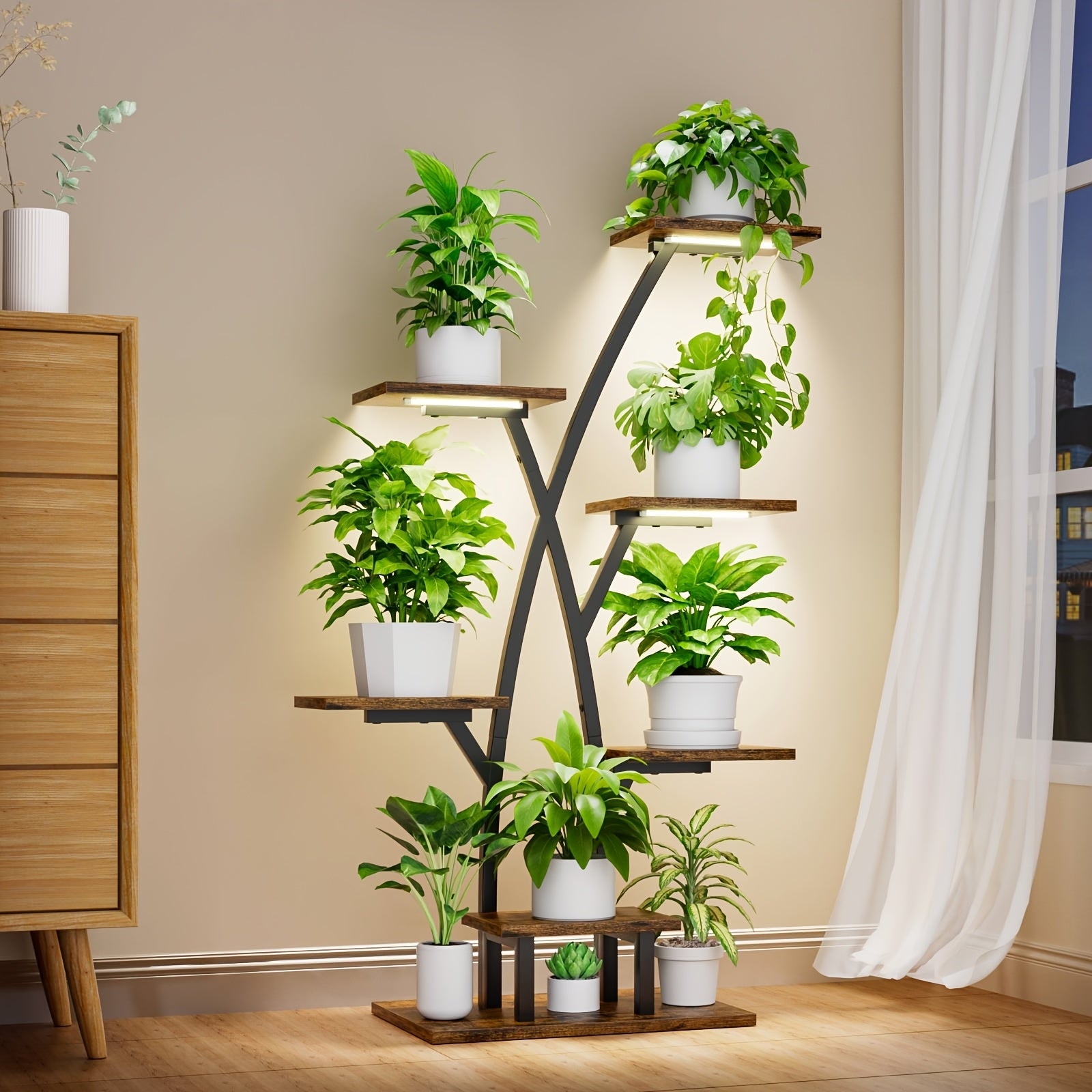 Plant Stand Indoor With Grow Lights - 7 Tiered Plant Shelf Indoor, Multi Functional Display Stand With Thickened Wooden Boards, Corner Plant Stands For Plants Multiple, 42" Metal Corner Shelves, Plant Flower Holder Display Ra