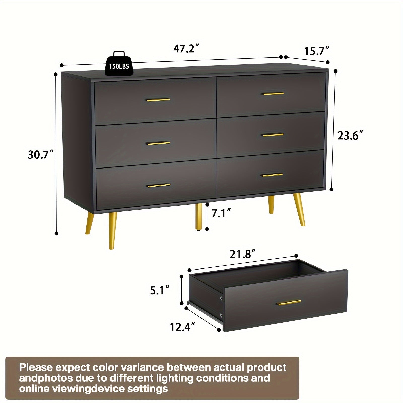 6-Drawer Dresser Modern Wooden Chest with Wide Drawers Golden Metal Handles Ample Storage ≥3.2 Cubic Feet Capacity
