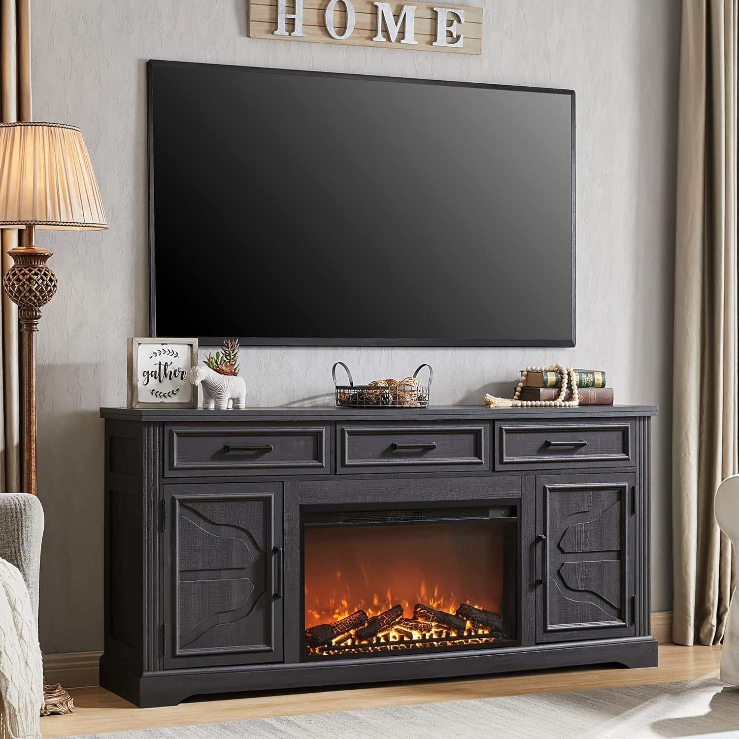 Farmhouse Fireplace TV Stand For Up To 80 Inch TV, Entertainment Center With 30" Electric Fireplace For 65 75 Inch TV, 70" TV Stand With Storage Cabinet Drawer For Living Room