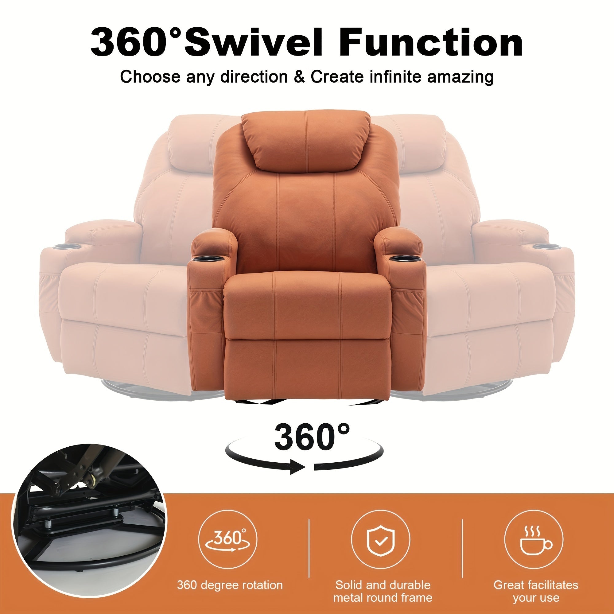 Ergonomic Orange Recliner Chair with Massage & Heat, 360° Swivel, Remote Control, Cup Holder - Manual Operation, Hardwood Frame