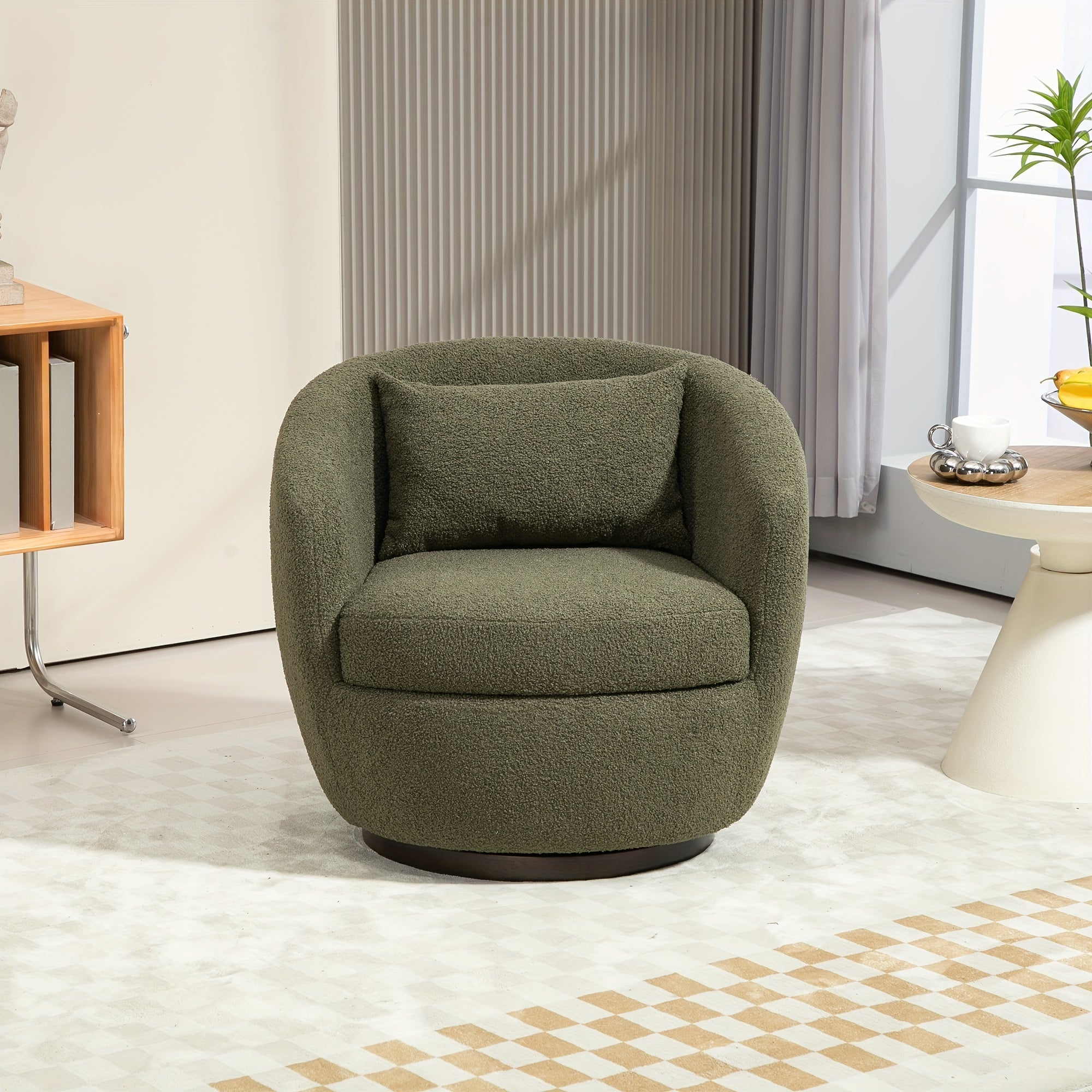 Upholstered Swivel Barrel Armchair With Storage Modern Living Room Side Chair For Bedroom/Office/Reading Spaces - Teddy Fabric Dark Green