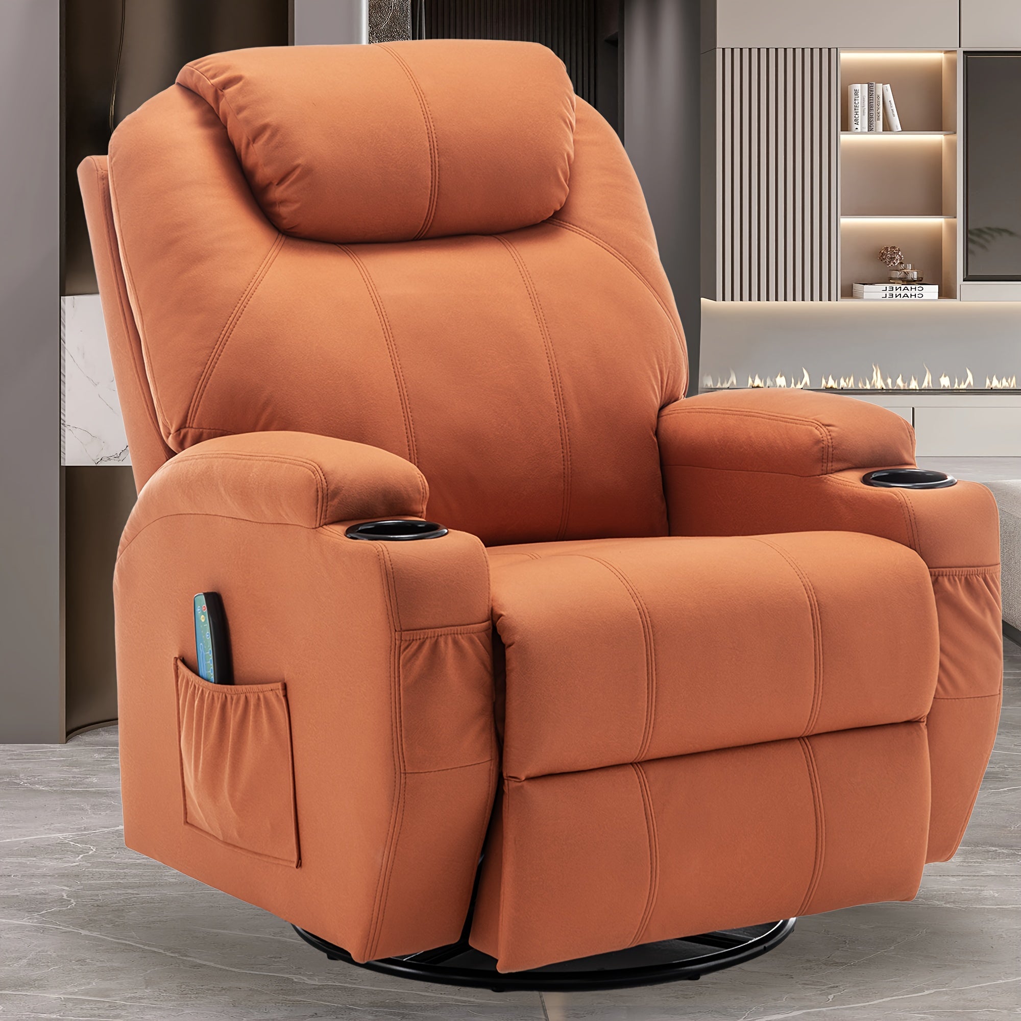 Ergonomic Orange Recliner Chair with Massage & Heat, 360° Swivel, Remote Control, Cup Holder - Manual Operation, Hardwood Frame