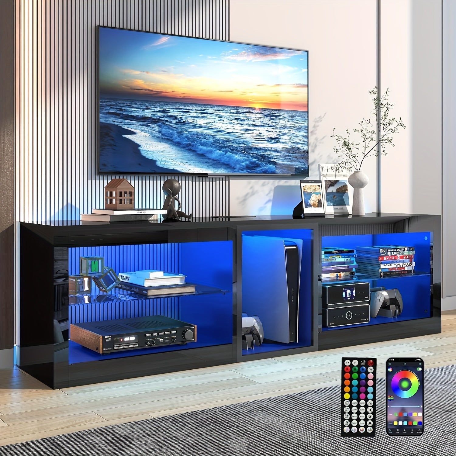 LED TV Stands W/60, 000-Colors Lights&6.5ft Power Outlet For 55 60 65 70inch TV, Modern High Gloss LED Black Entertainment Center W/Adjustable Shelves For Living Room Gameroom/Bedroom