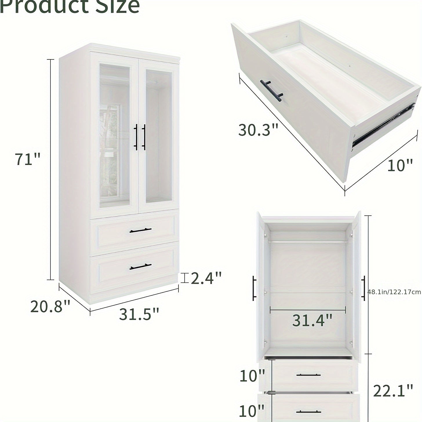 71" High White Wooden Wardrobe with Transparent Doors - Spacious Bedroom Armoire Closet Featuring 2 Drawers & Hanging Rods, Ideal for Stylish Storage, Bedroom Decor And Accessories