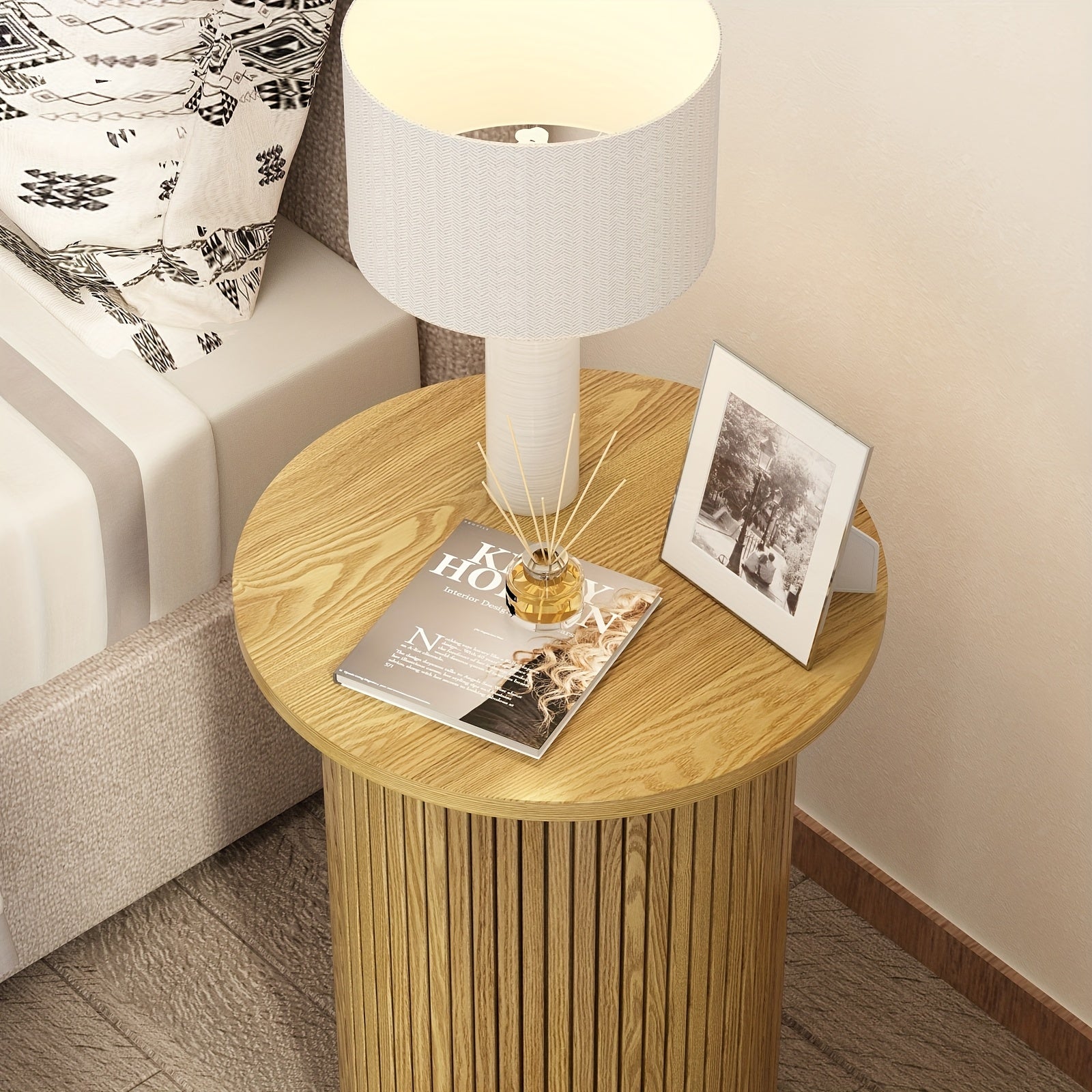 Modern Round Fluted End Table - Natural Wood Finish, Small Accent Pedestal Nightstand for Living Room & Bedroom