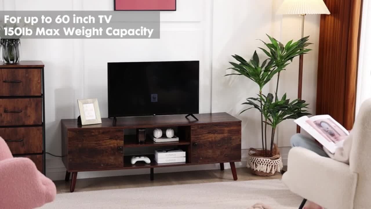 TV Stand for Entertainment Center with Storage Cabinet Mid Century Modern Media Console Table Adjustable Hinge Wooden