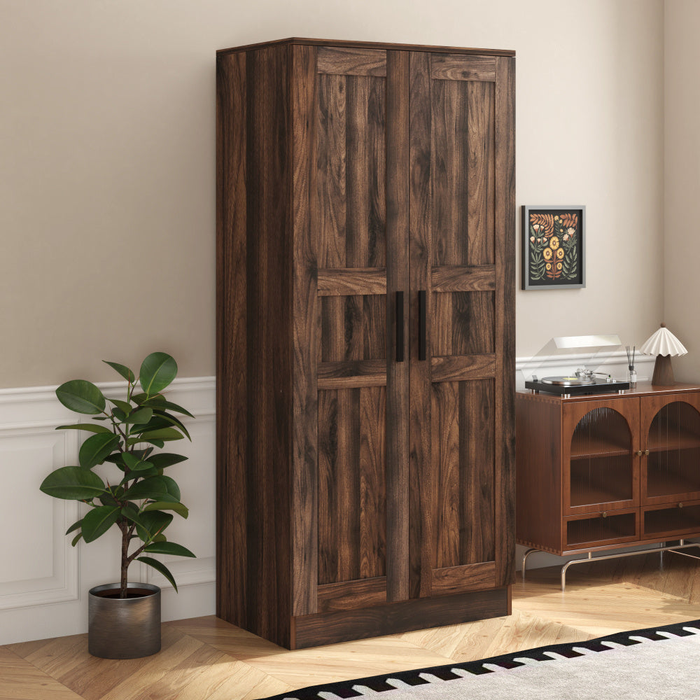 Vintage Hardwood Armoire Wardrobe with USB-Powered LED Illumination, MDF Fiberboard Construction, Floor Mounted, Brown - Spacious Bedroom Storage Closet with 4 Shelves and Sturdy Design