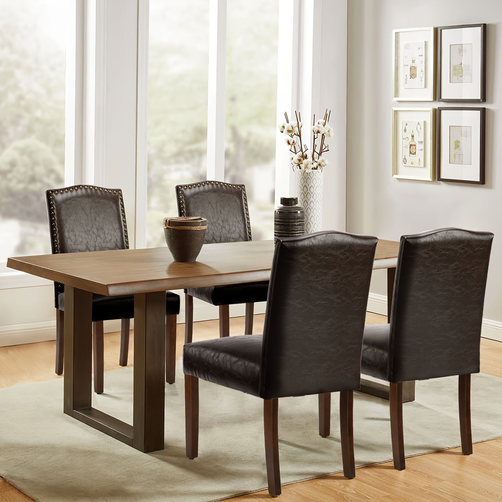 4pcs Stylish Dining Chairs, Contemporary Upholstered Dining Chair With Nailhead Trim And Wood Legs, Comfy Fabric Finish, For Dining, Living Room, Kitchen, Home