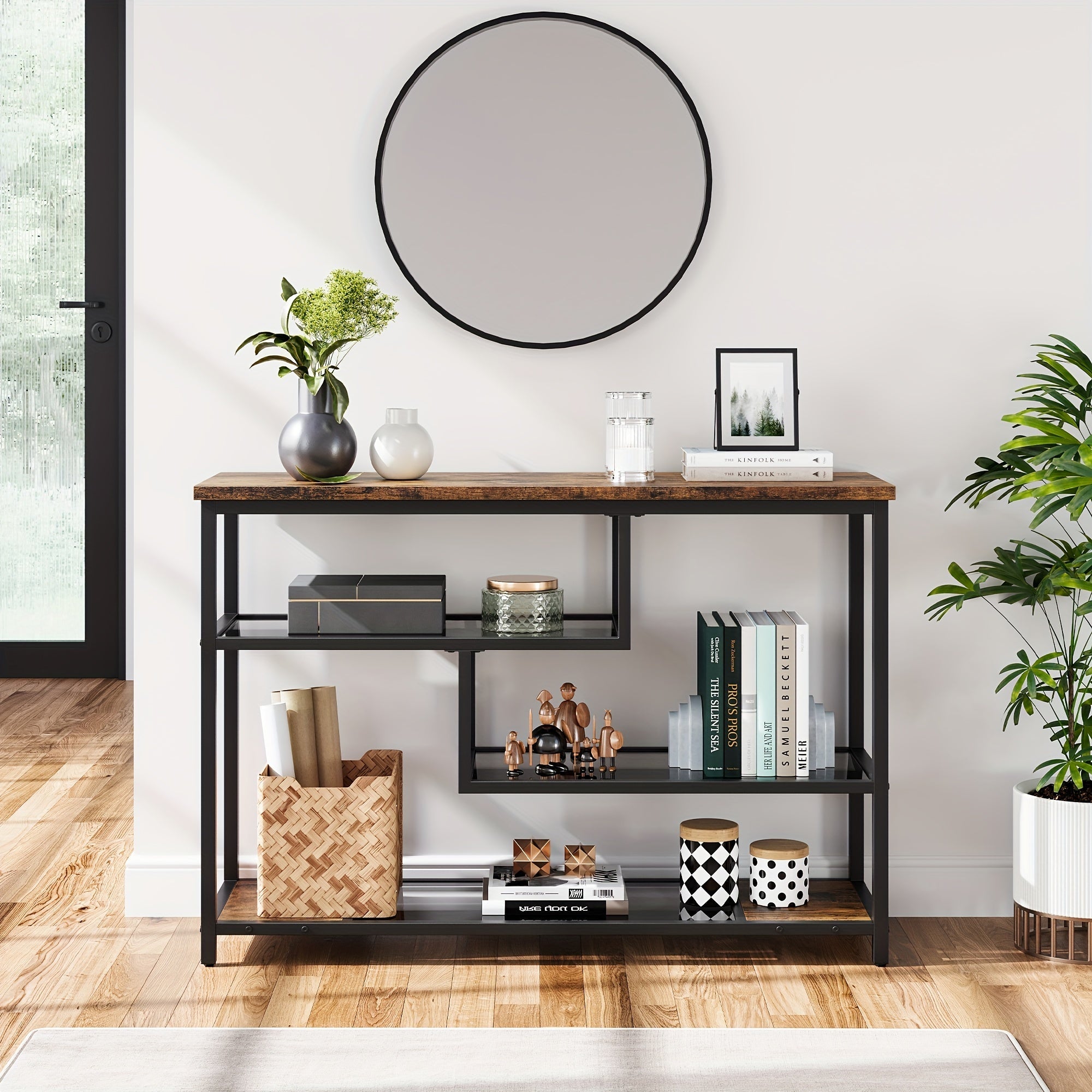 Entryway Table, 4-Tier Sofa Tables Narrow Console Table With Glass Shelf And Metal Frame, Behind Couch Table Industrial Hallway Table For Living Room, Foyer, Bedroom, Rustic Brown