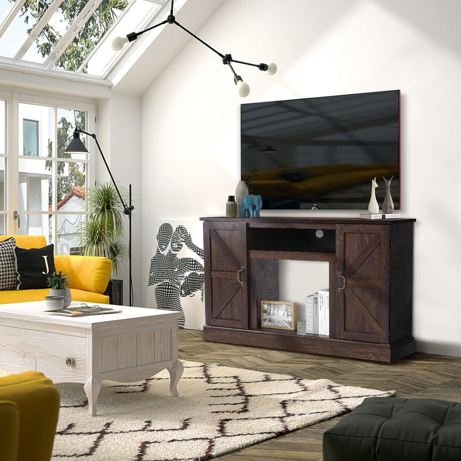 47" TV Stand Suitable For TV Size up to 65", Entertainment Center with Two Barn Doors and Storage Cabinet, Media TV Console Table for Living Room