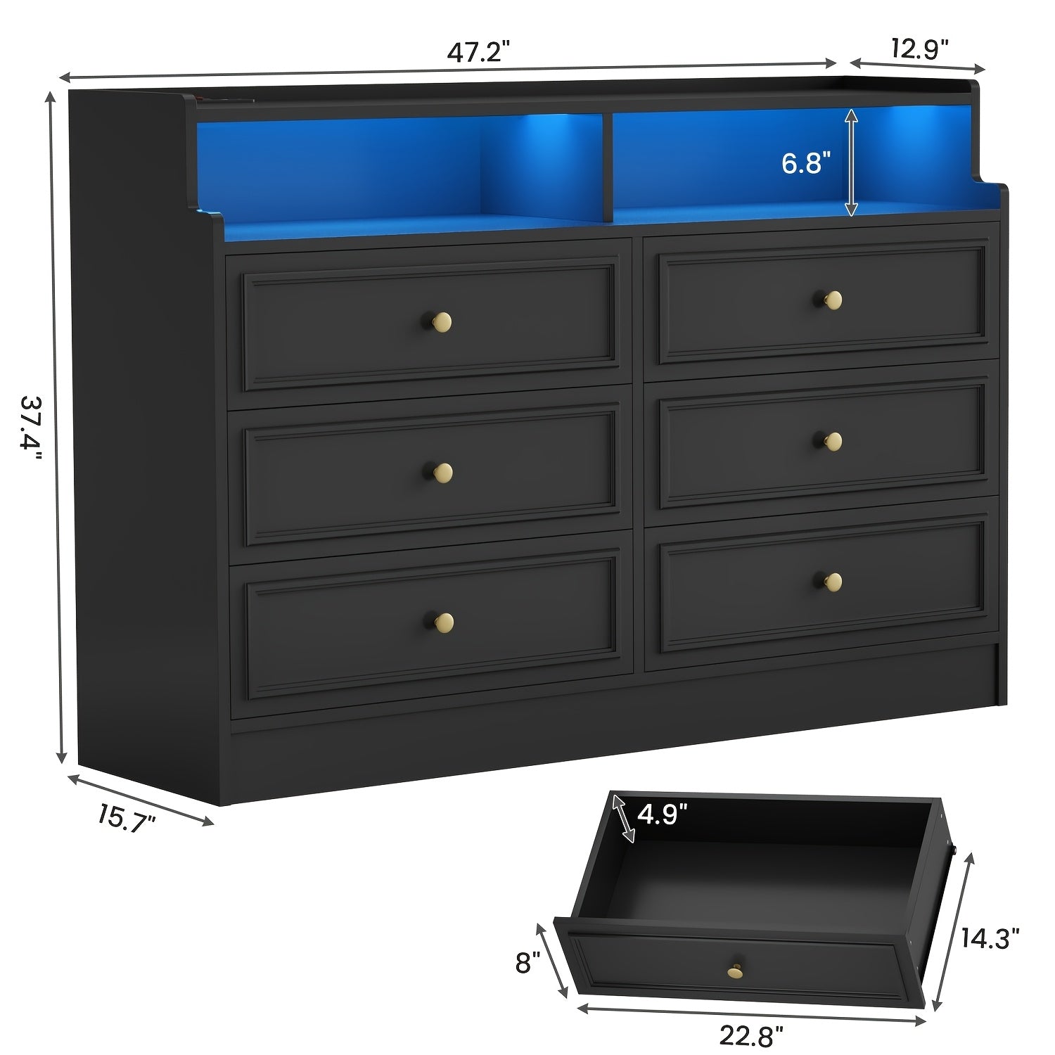 Modern Black LED Dresser with Charging Station - 5-Drawer Storage Cabinet with Customizable Blue Lighting, Large Compartments for Bedroom & Living Room Decor, Dresser for Bedroom