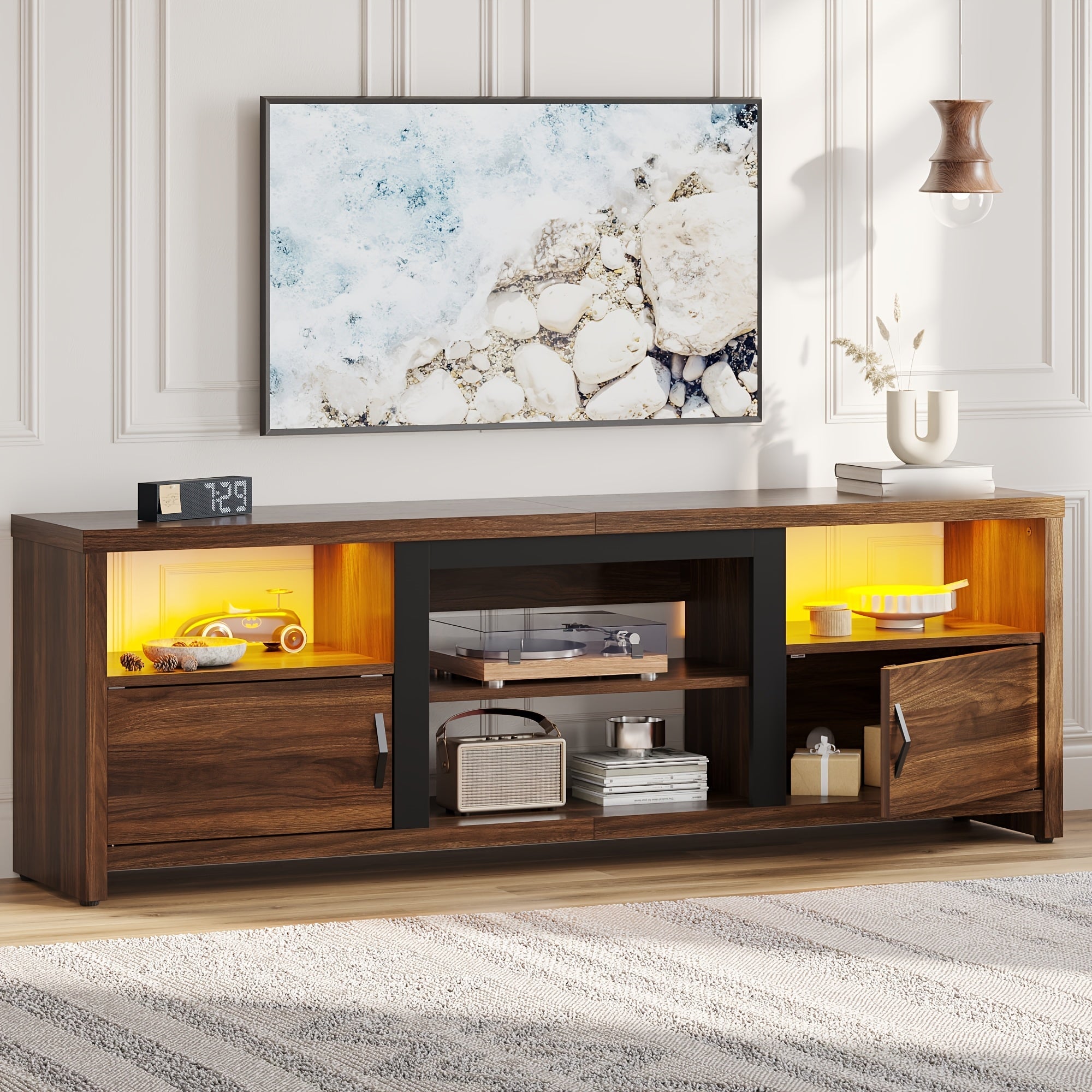 Modern 178cm Walnut TV Stand with LED Lights - Spacious Entertainment Center for Living Room & Bedroom Fits Up to 80’’