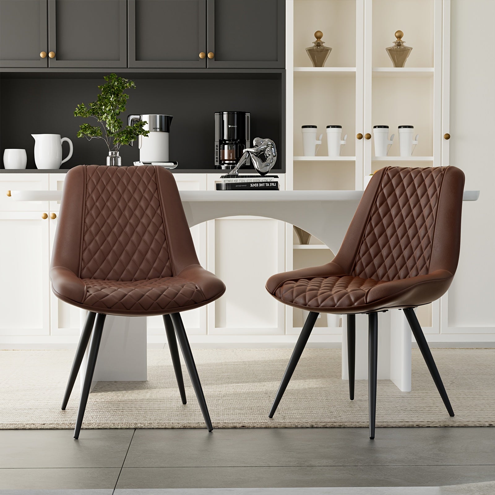 Modern Dining Chairs Set Of 2, Top Faux Leather Upholstered Dining Room Chairs With Metal Legs, Ergonomic Kitchen Chairs For Kitchen Dinning Room