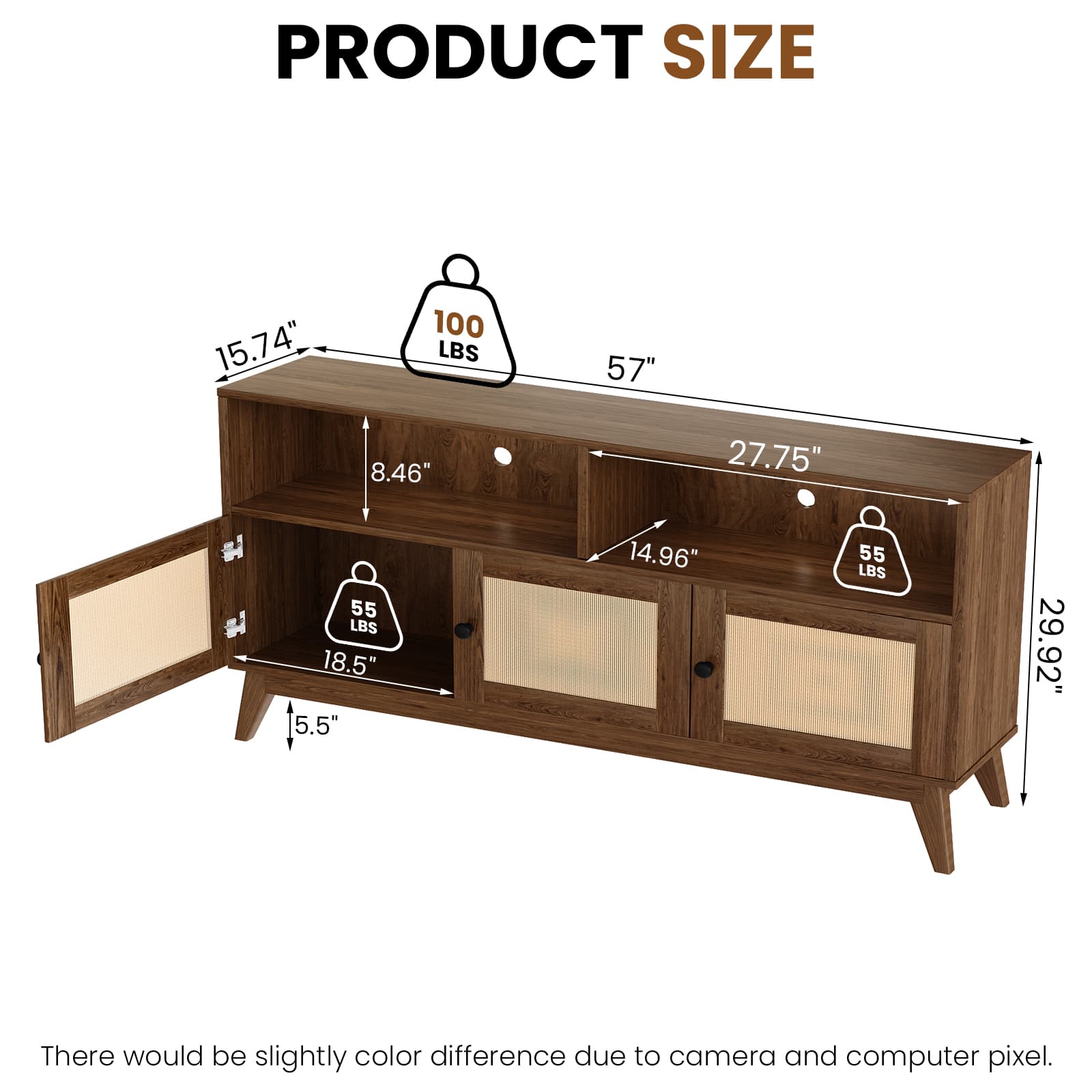 TV Stand for 65 Inch TV, Mid Century Modern TV Stand with 3 Boho Rattan Storage Cabinets and 2 Open Shelves, Entertainment Center, TV Stand Media Console for Bedroom, Living Room, Rustic Brown