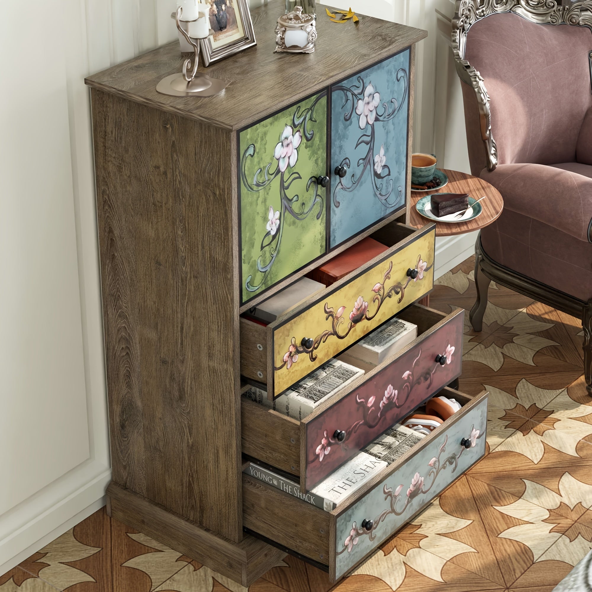 Boho Dresser, Tall Dresser with Drawers and Doors, Wood Dresser Accent Dresser for Living Room Home Office