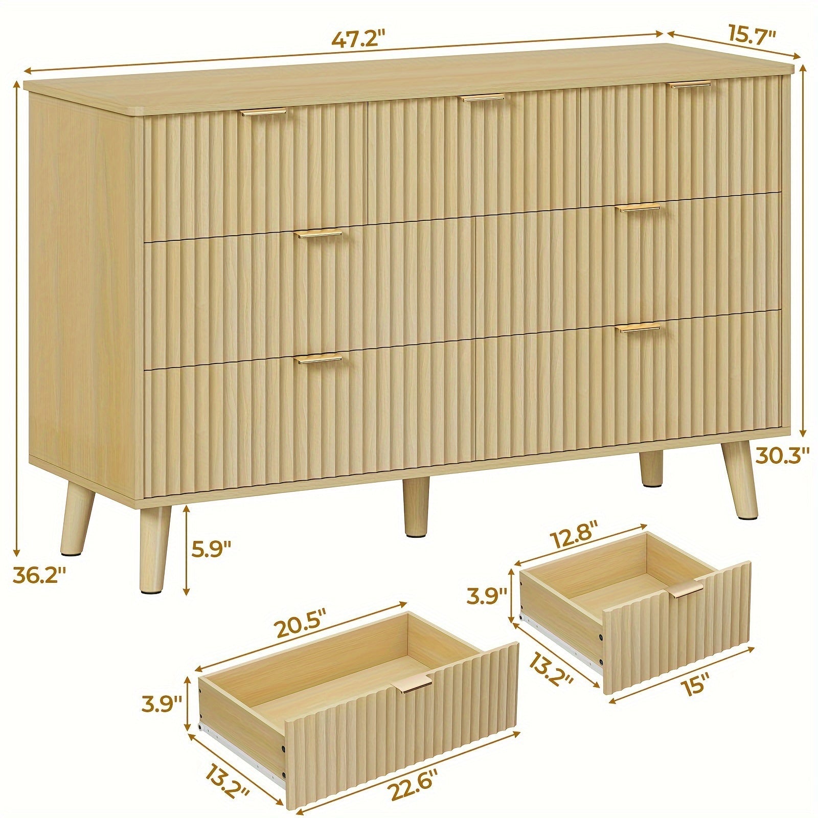 Elegant Fluted 7-Drawer Dresser 120cm Wide - Modern Minimalist Design with Waveform Fluted Panels Black/Oak Metal Frame