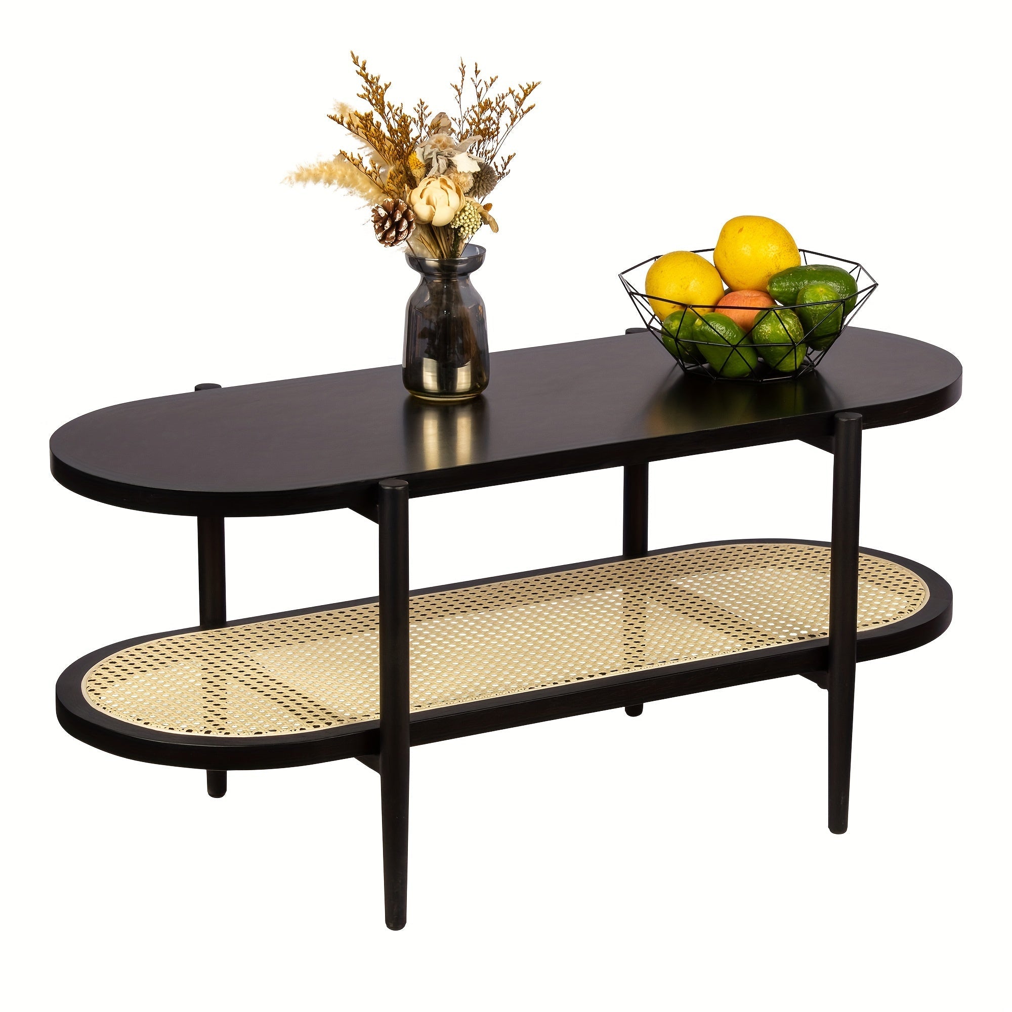 Oval Round Rattan Coffee Table Mid Century Modern Black Center Table For Living Room Small Space