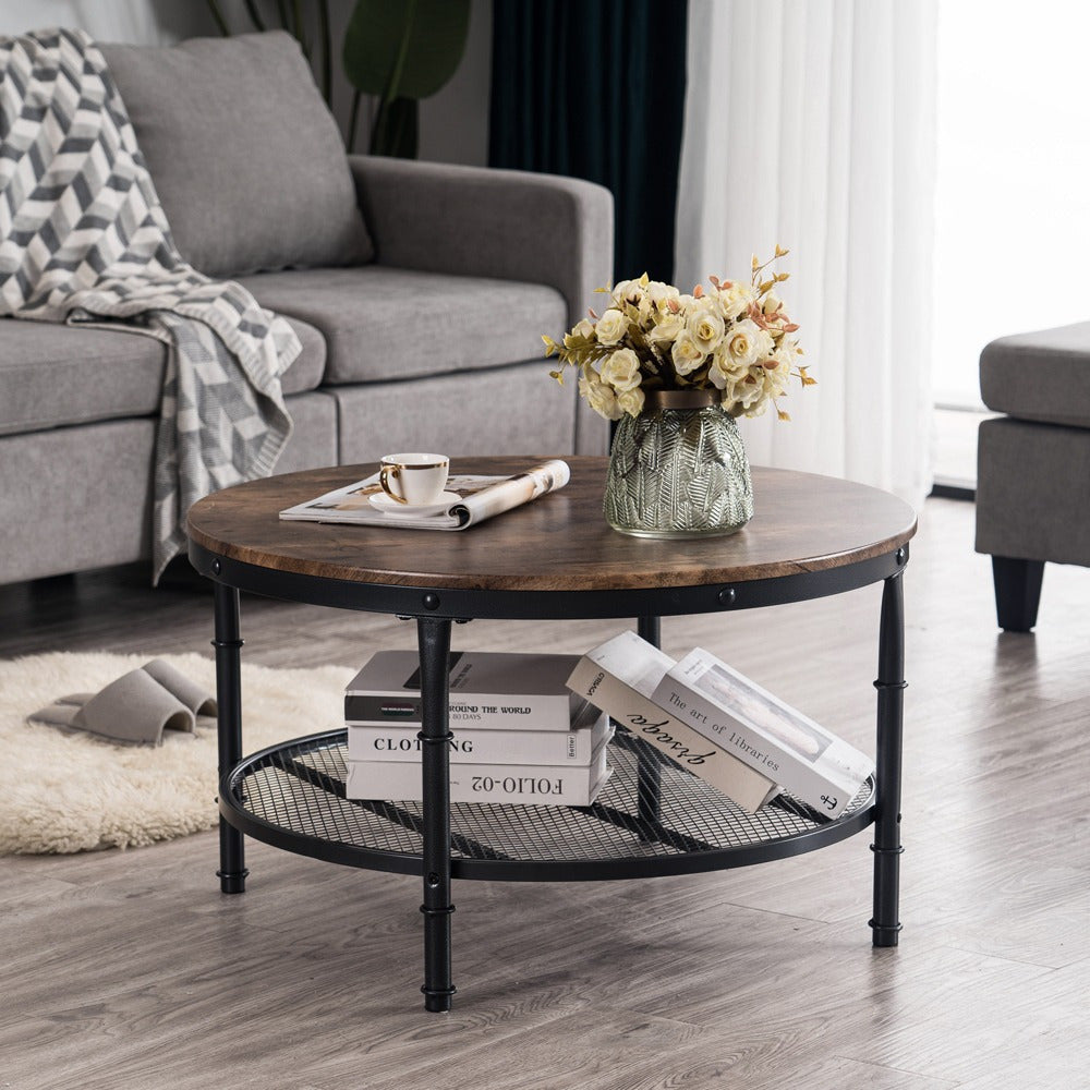 80cm Round Coffee Table with Storage, Industrial Rustic Round Coffee Table with Metal Shelf