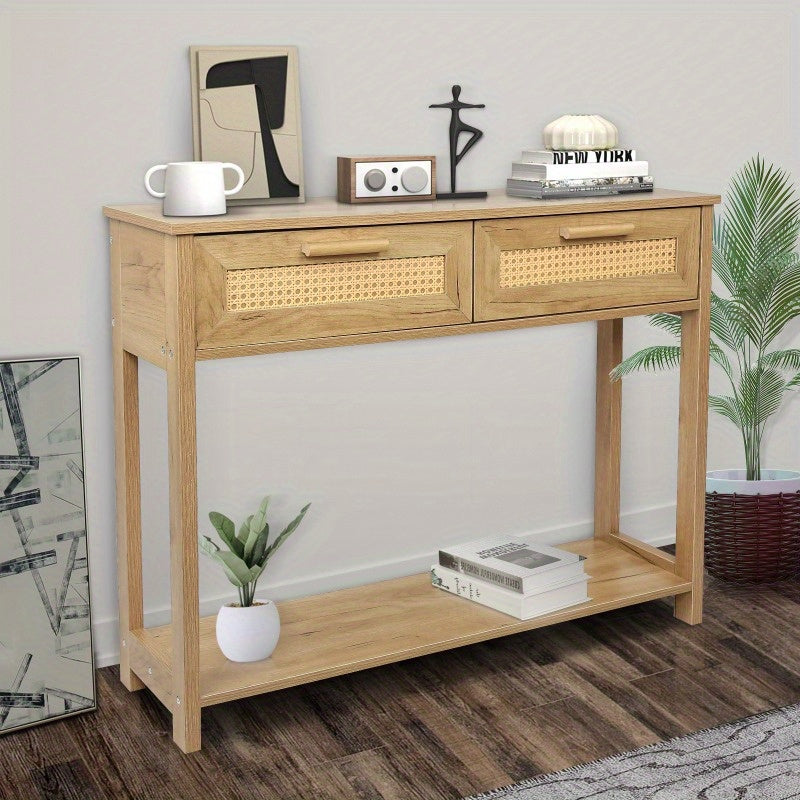 1pc Modern Metal Console Table with 2 Drawers, Open Storage Shelf, Narrow Accent Sofa & Entryway Table for Living Room/Entryway/Hallway - Natural Color Design, Entryway Furniture|Decorative Table|Functional Decor Piece