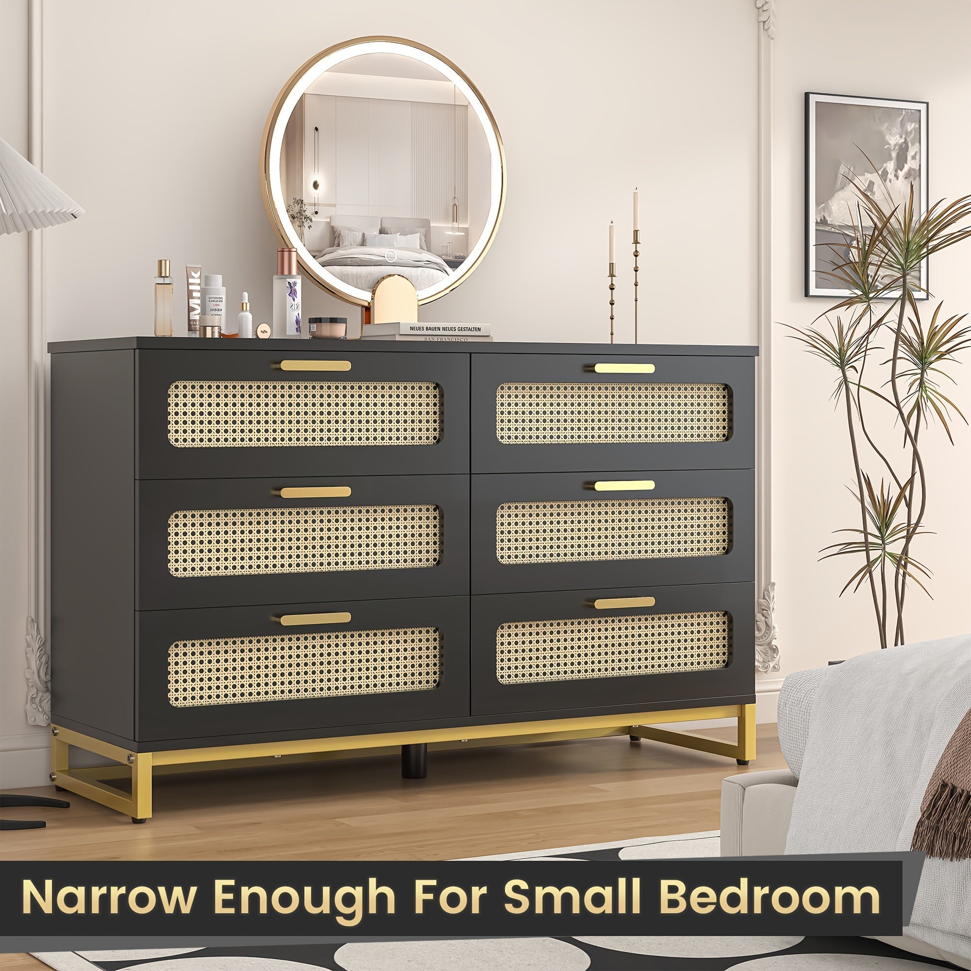 1PCS 6 Drawer Dresser Modern Rattan Dresser Chest Chest Of Drawers For Bedroom Living Room Black - Black - Dresser