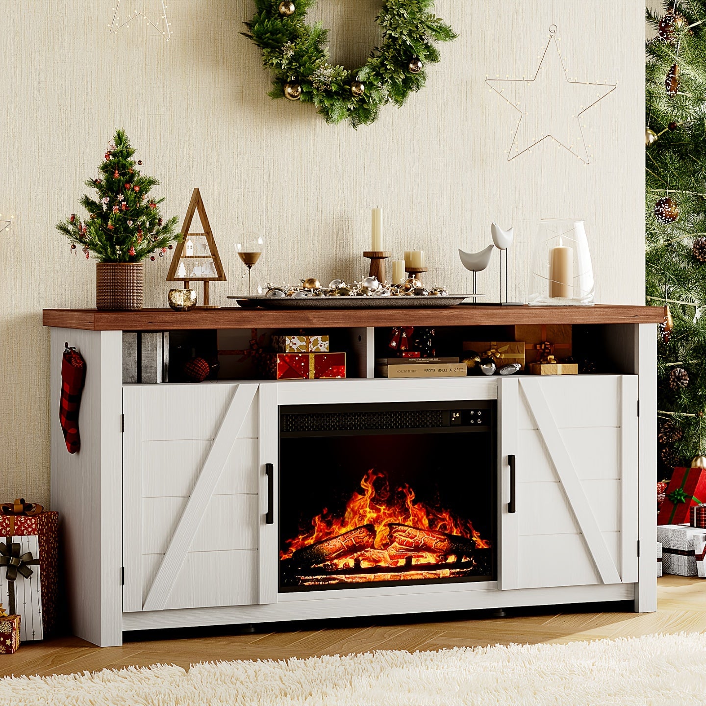 Rustic Farmhouse Highboy TV Stand with 58cm Electric Fireplace - Antique White Fits Up to 70’’ TVs Spacious Media
