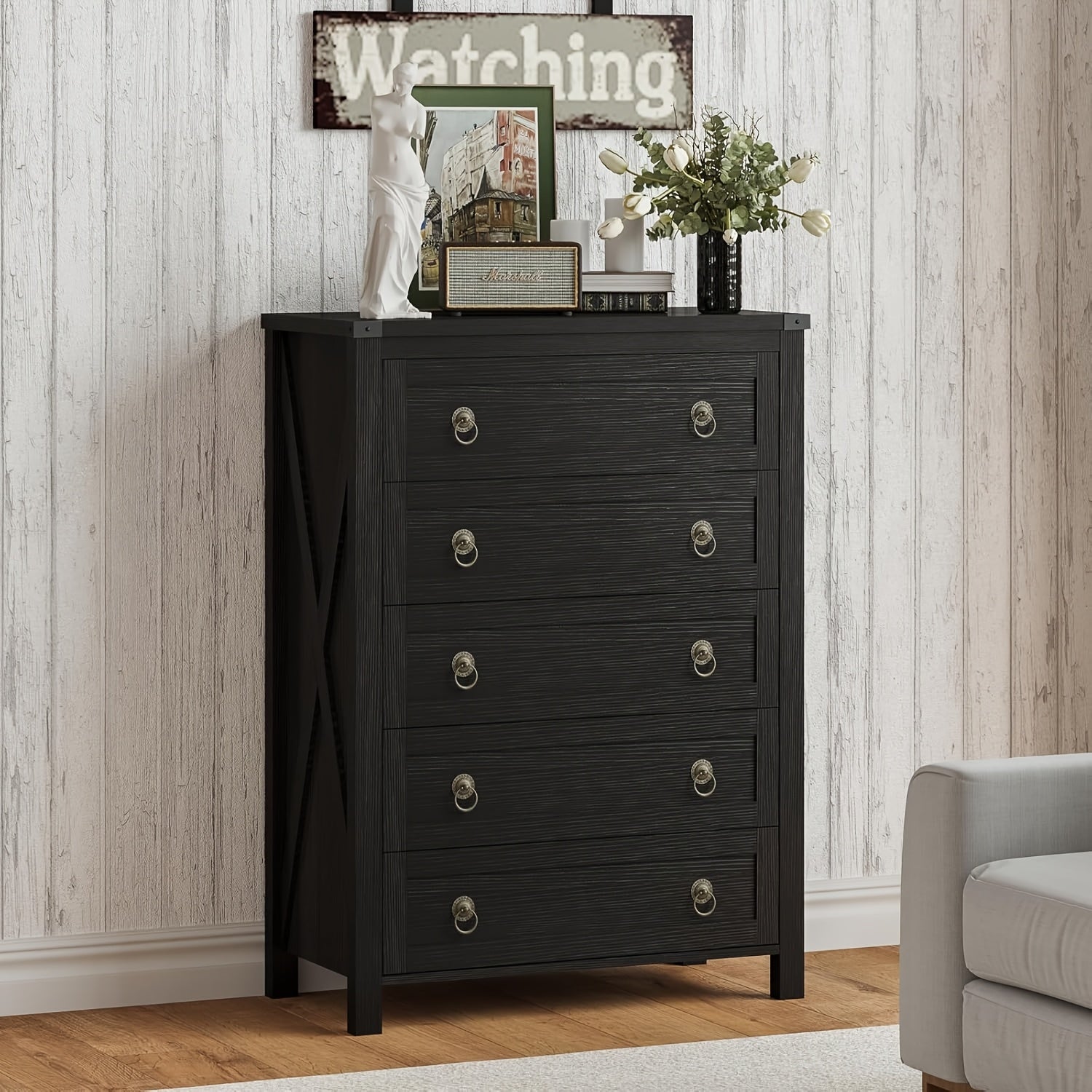 Farmhouse 5 Drawer Dresser Tall Wood Dresser for Bedroom Rustic Chest Of Drawers Storage Cabinet with Drawers