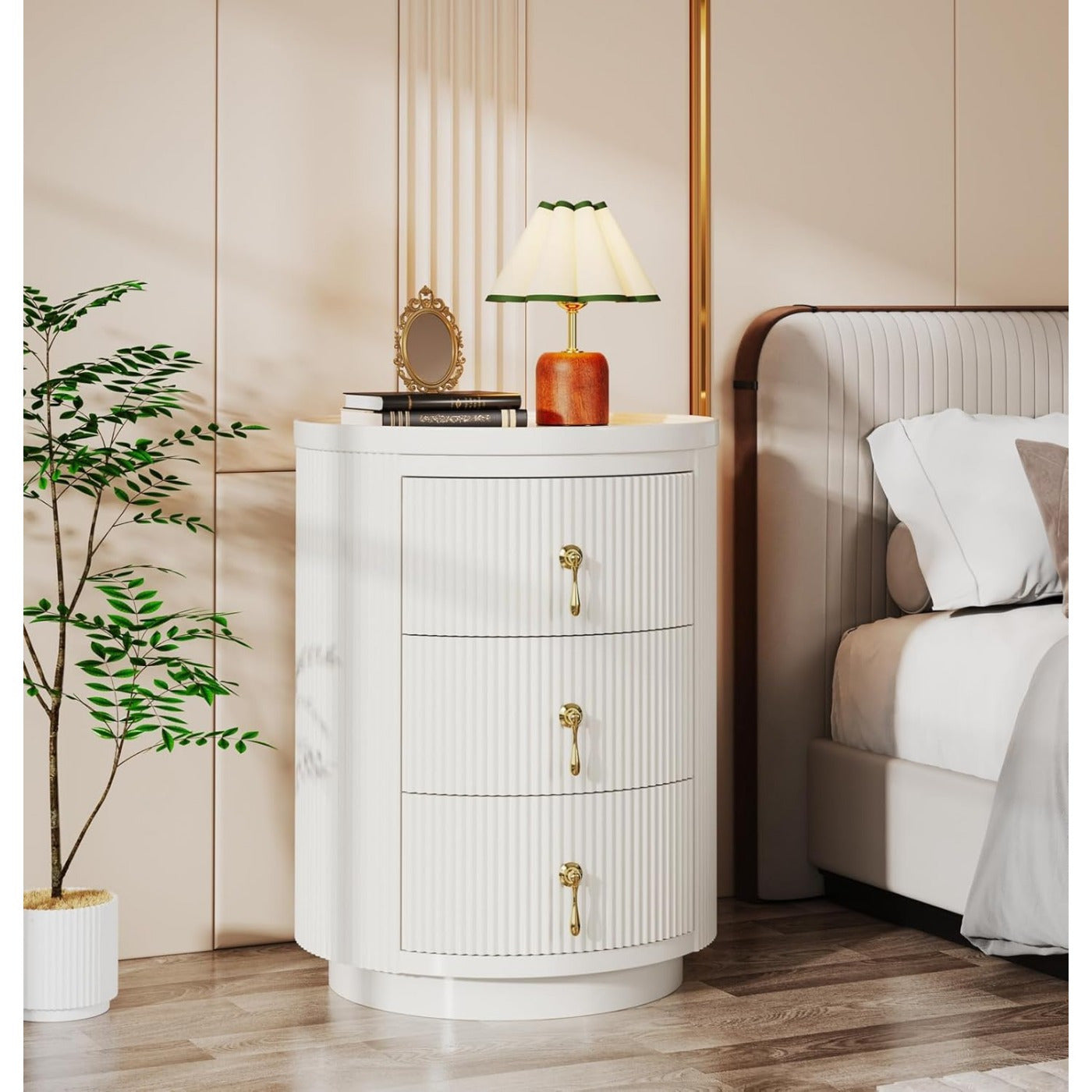 Nightstand with 3 Drawers, No Assembly Required Modern Round Bedside Table Night Stand for Bedroom, End Table Side Table with Storage and Golden Handles, Storage Lockers, Storage and Organization