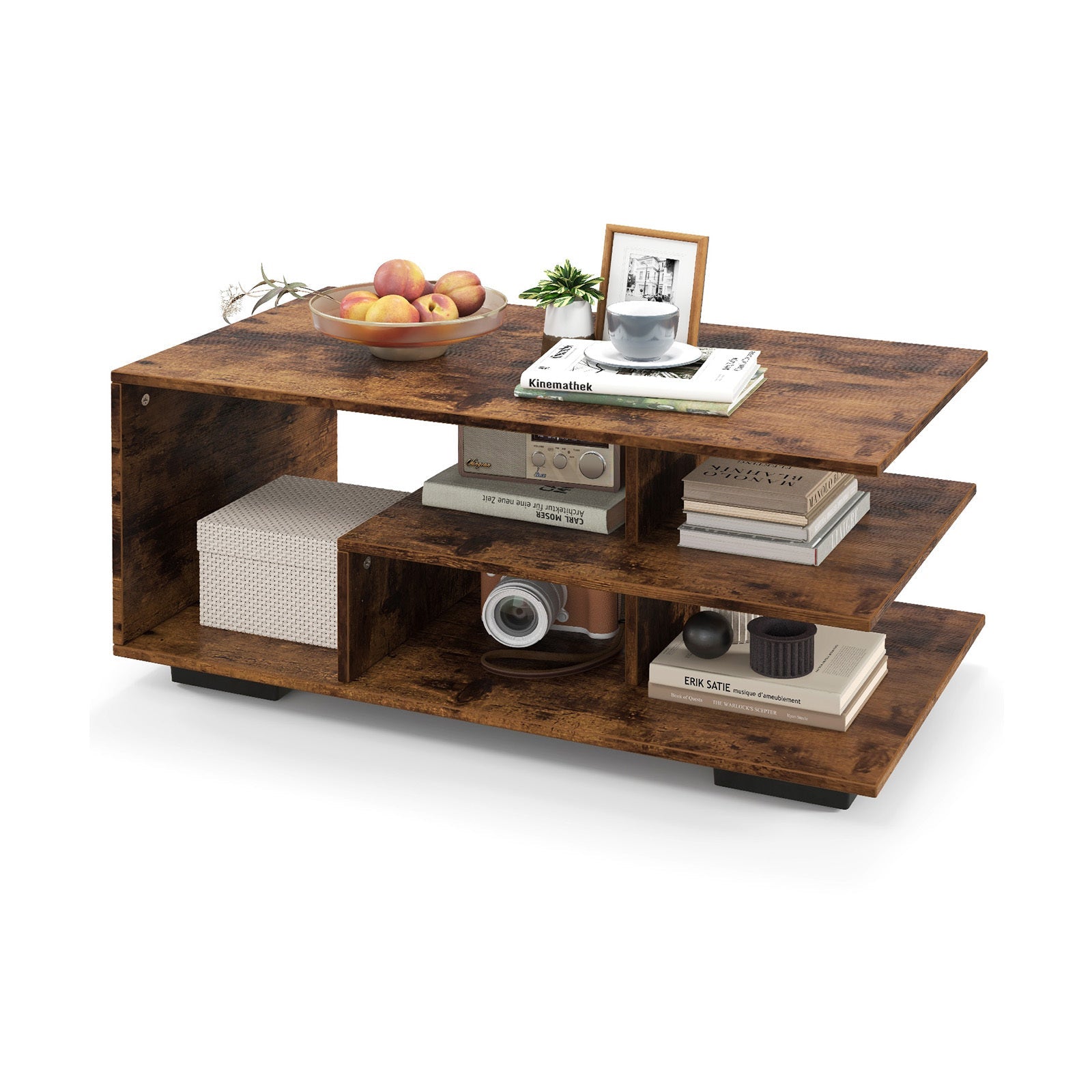 Modern Geometric Coffee Table with Storage - 3-Tier Rectangular Centerpiece L-Shaped Shelf Durable Hardwood