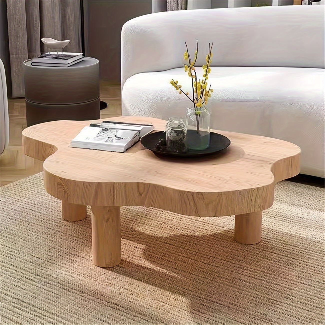 Cloud Shape Irregular Wood Coffee Table, Round Corner Thicken End Table, Cute Accent Modern Coffee Cocktail Table with 3 Legs for Living Room Furniture