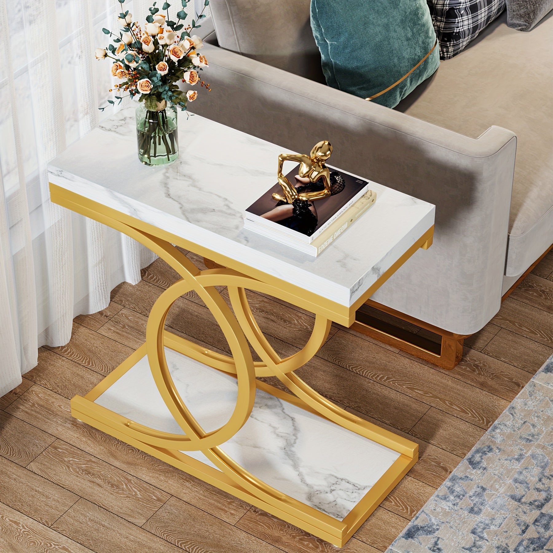 Contemporary Narrow Side Table: This Modern Faux Marble End Table Fits Comfortably In Small Spaces, Perfect For Enhancing Your Living Room