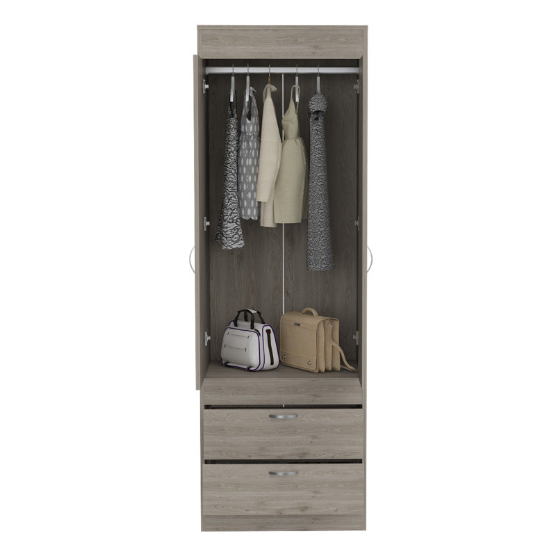 Armoire Rod Double Door Two Drawers Metal Handles Light Gray