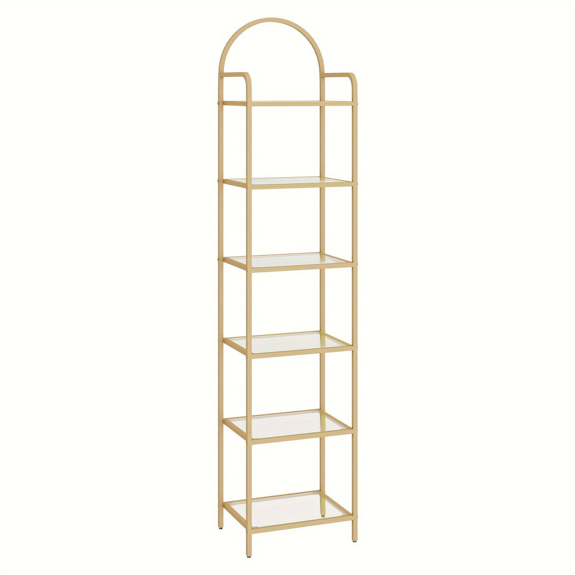 Golden 6-Tier Bookshelf with Tempered Glass Shelves - Slim Sturdy Metal Frame for Bedroom Bathroom Home Office