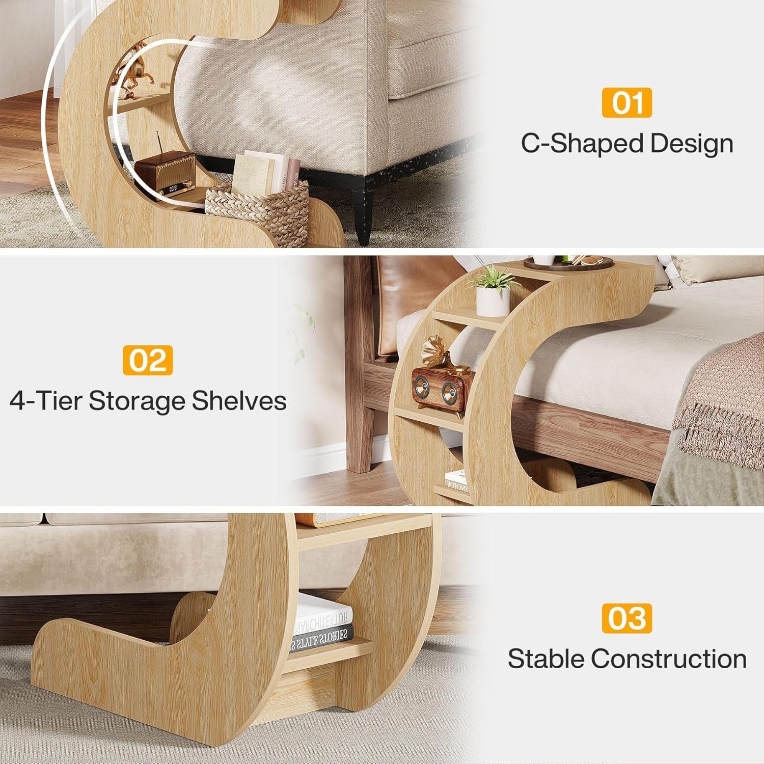 C-Shaped Table for Couch, Small 4-Tier End Tables with Storage Shelves, Wooden Side Table for Living Room, Bedroom, Natural (1)