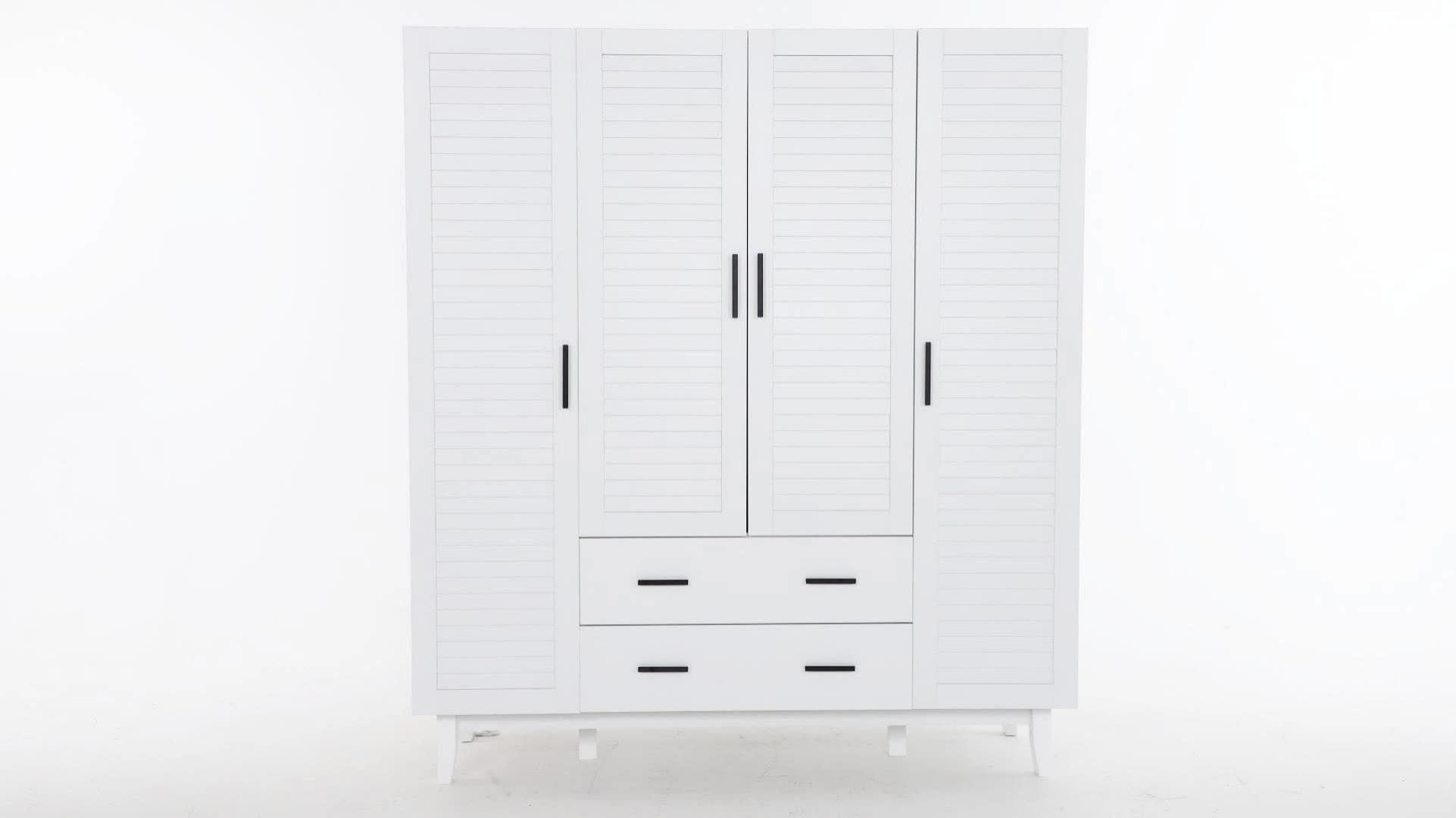 Spacious 4-Door White Armoire Wardrobe with LED Lights & Drawers - Multi-Tier Storage, Hanging Rod, Safety Features - Ideal for Bedroom Organization