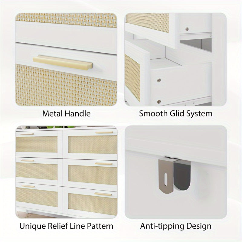 Elegant White Rattan 6-Drawer Dressing Table with Golden Handles | Modern Storage Cabinet with Textured Front Panels