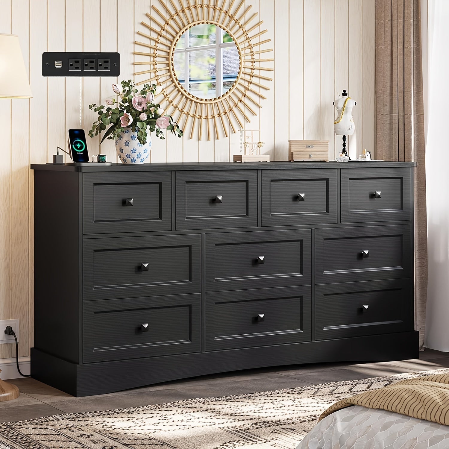 1pcs White/Black Dresser With 10 Drawers For Bedroom Large Dresser/Chest Of Drawers With Charging Station 10 Drawers