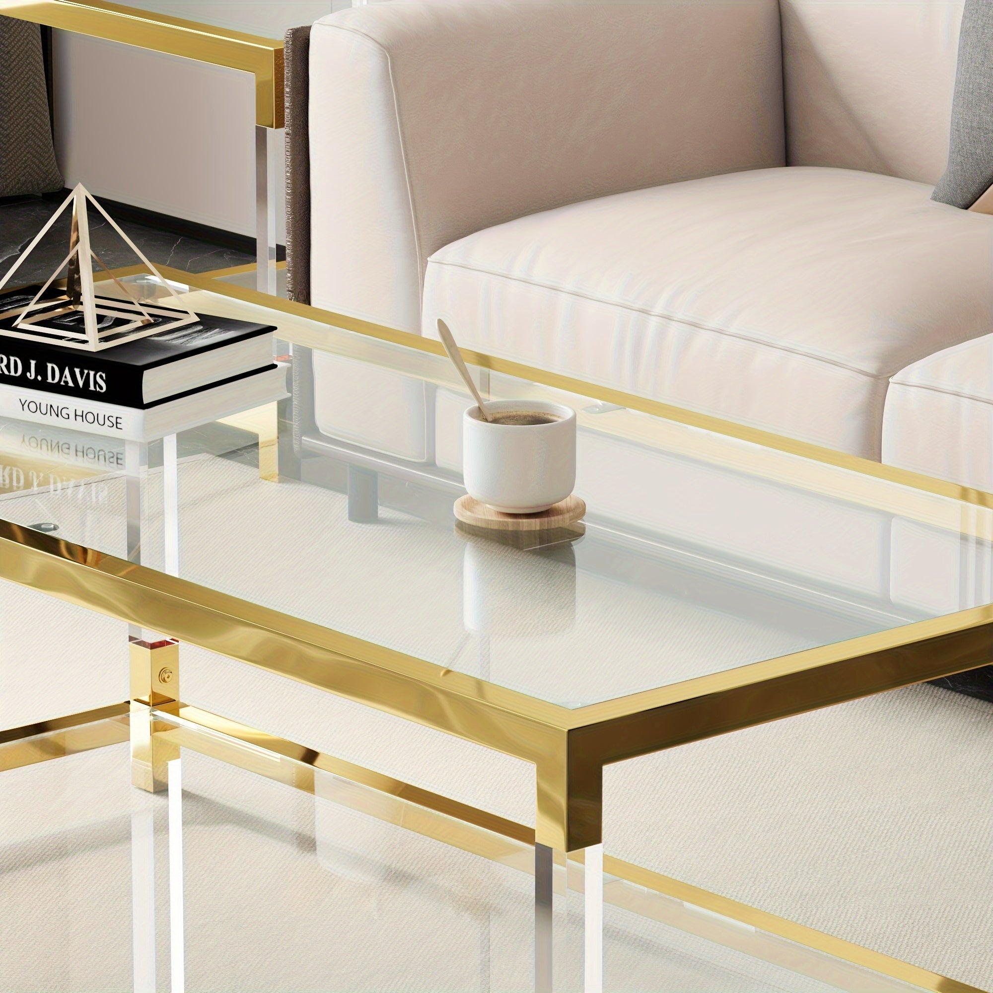 Modern Minimalist Style Coffee Table With High-quality Glass Tabletops, Gold Metal Frame And Transparent Acrylic Legs, Suitable For Living Room, Study, Office, Meeting Various Scene Needs.