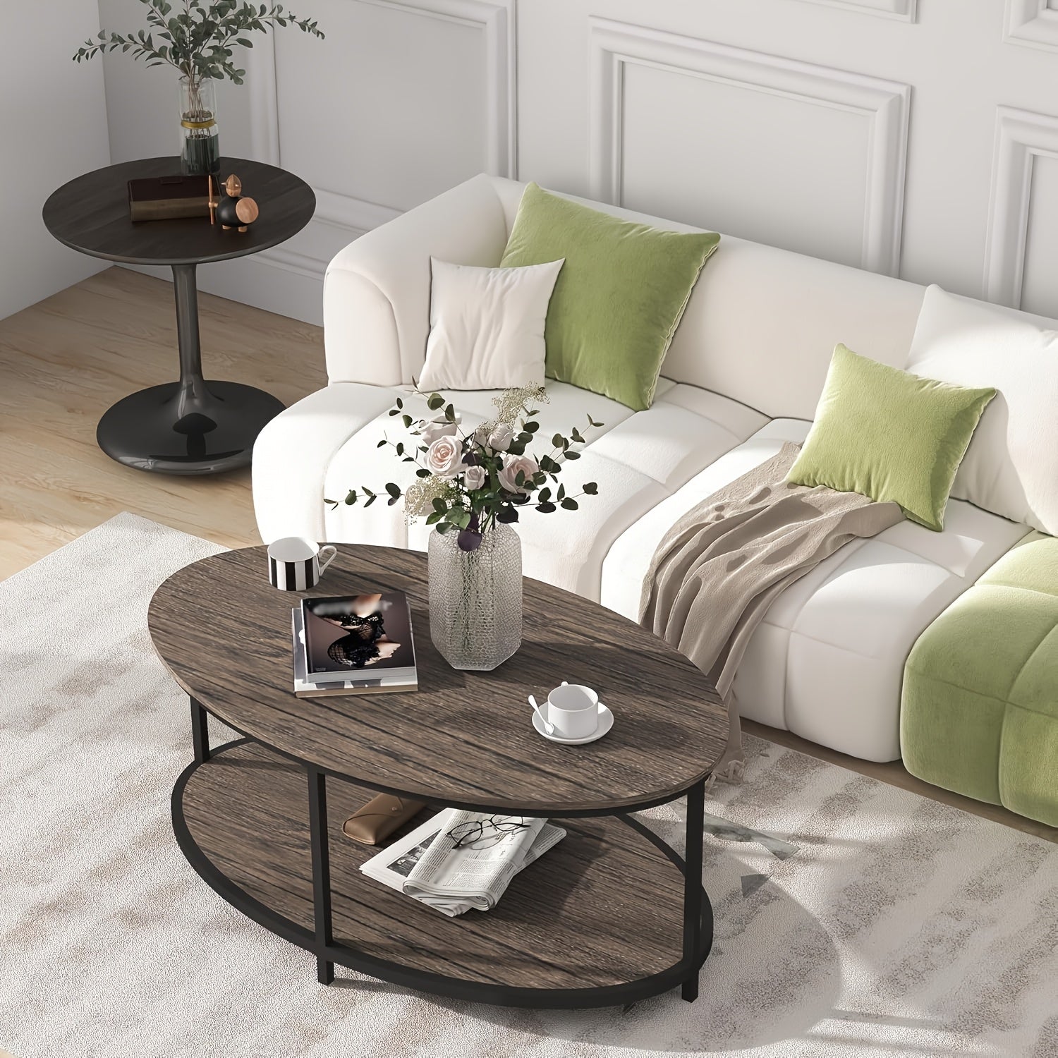 Oval Coffee Table 110cm Coffee Table With Wooden Shelf 2-Tier Modern Table Open Storage For Living Room Bedroom Home