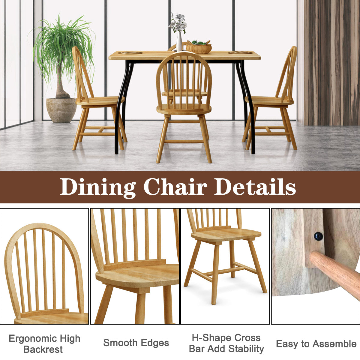 2/4pcs Contemporary Windsor Dining Chairs - Ergonomic Hardwood Spindleback Side Chairs, Wipe Clean Surface, Non-Upholstered, for Kitchen & Room, Carpet Surface Recommended