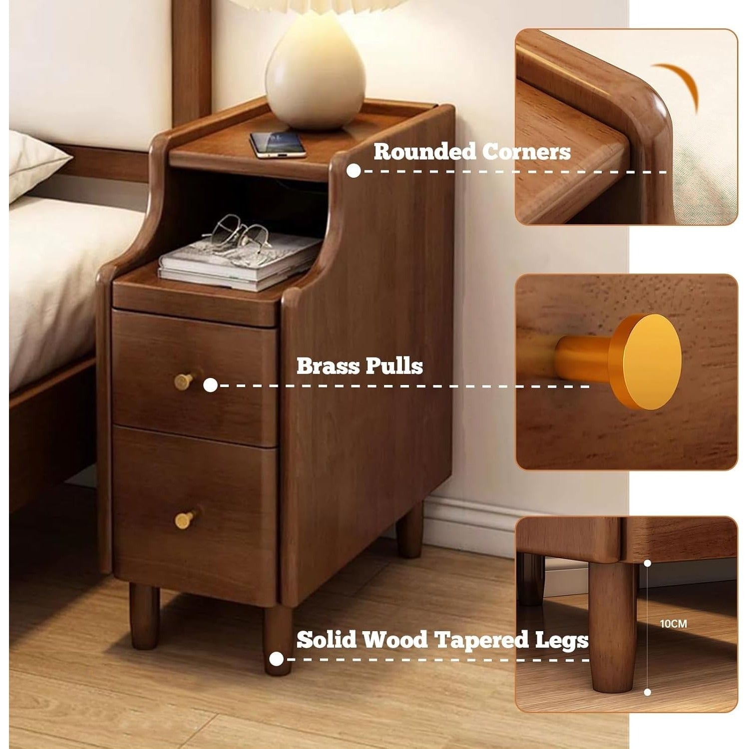 Solid Wood Nightstand with 2 Drawers, Multifunctional Bedside Table, Space-Saving Design, with Sliding Drawer and Open Storage Shelf for Small Bedroom