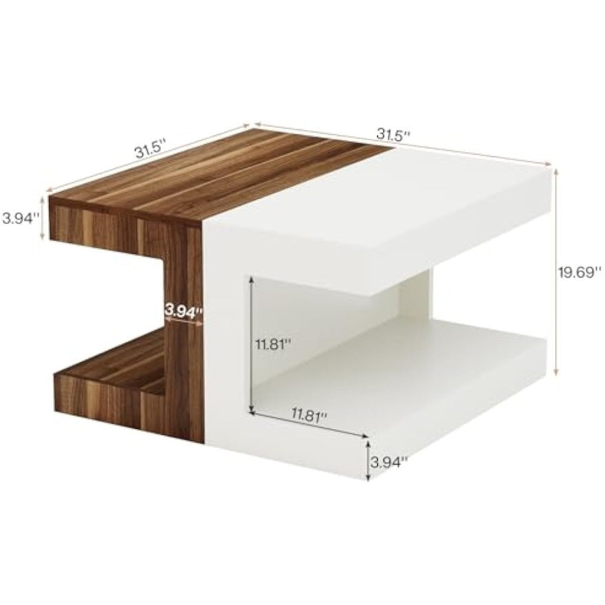 Square Coffee Table, 31.5" Creative Combination Splicing Side Table, 2-Tier Vintage Center Table for Living Room, Bedroom, Small Space, Rustic Brown & White