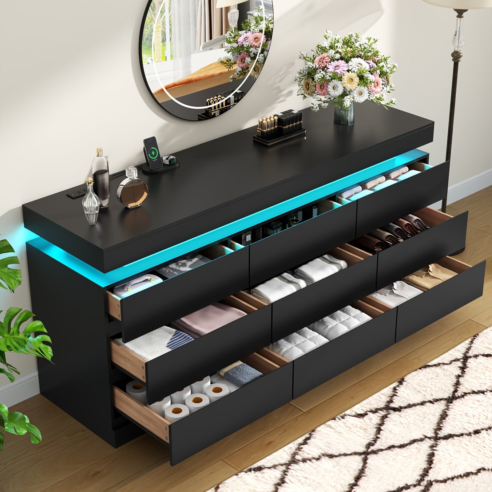 6 Drawer Dresser With Power Outlet Storage Cabinet With LED Light Modern Cabinet Organizer For Closet Double Wide