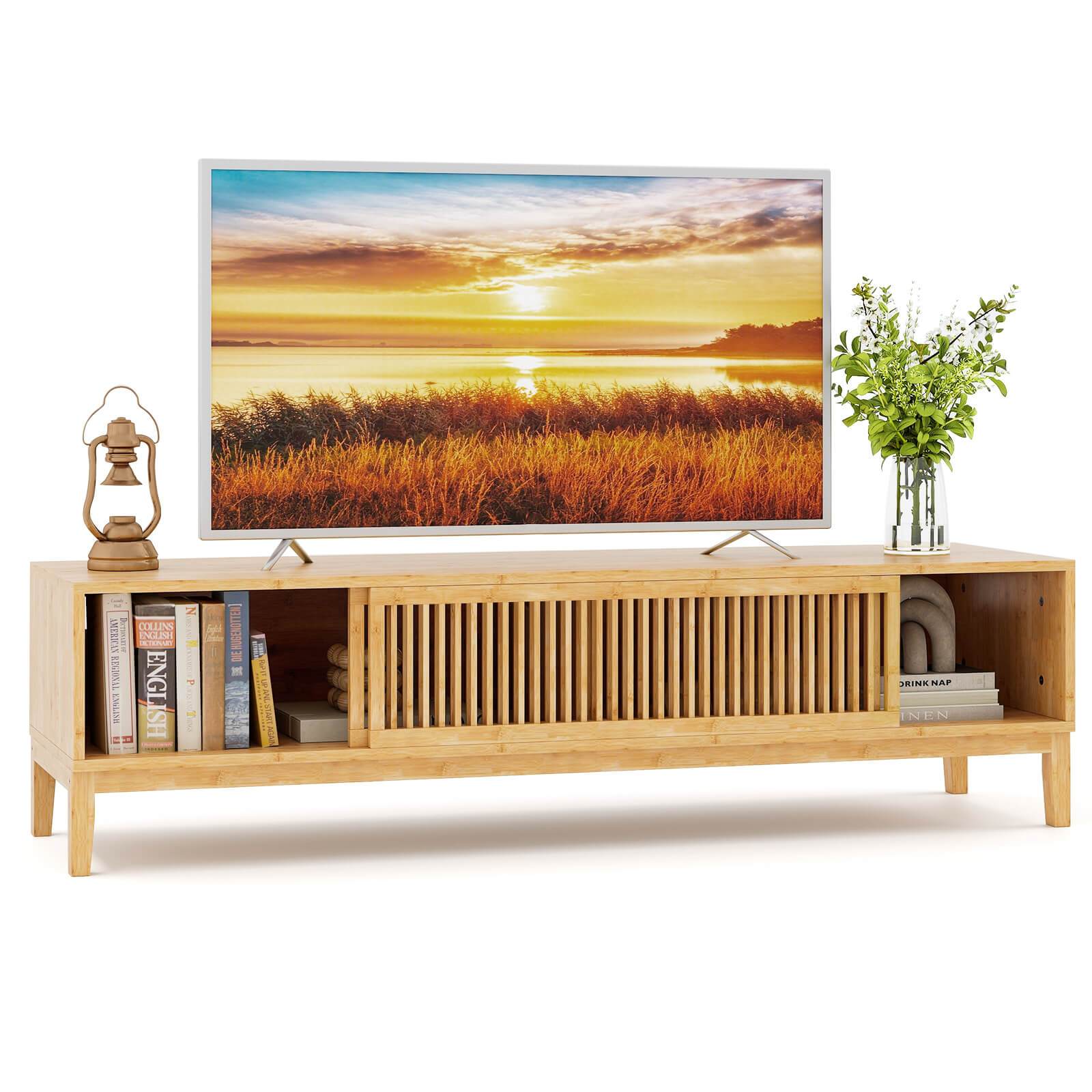 Chic Bamboo TV Stand with Sliding Doors - Holds Up to 65’’ TV 5 Cable Holes Spacious Storage Compartments Durable &