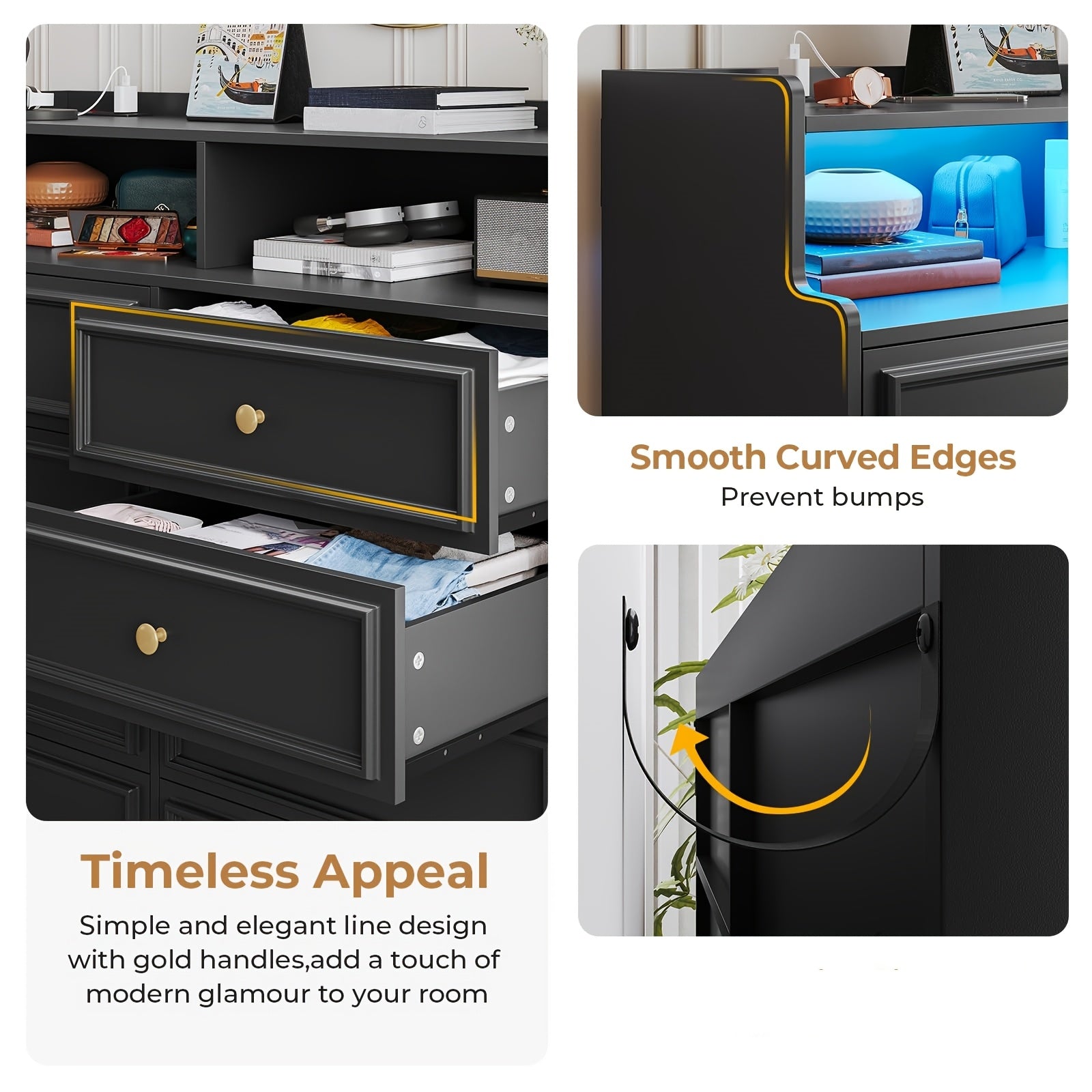 Bedroom Dresser With Charging Station LED Dresser With 8 Large Storage Drawers Chest Of Drawers Storage Organizer Large