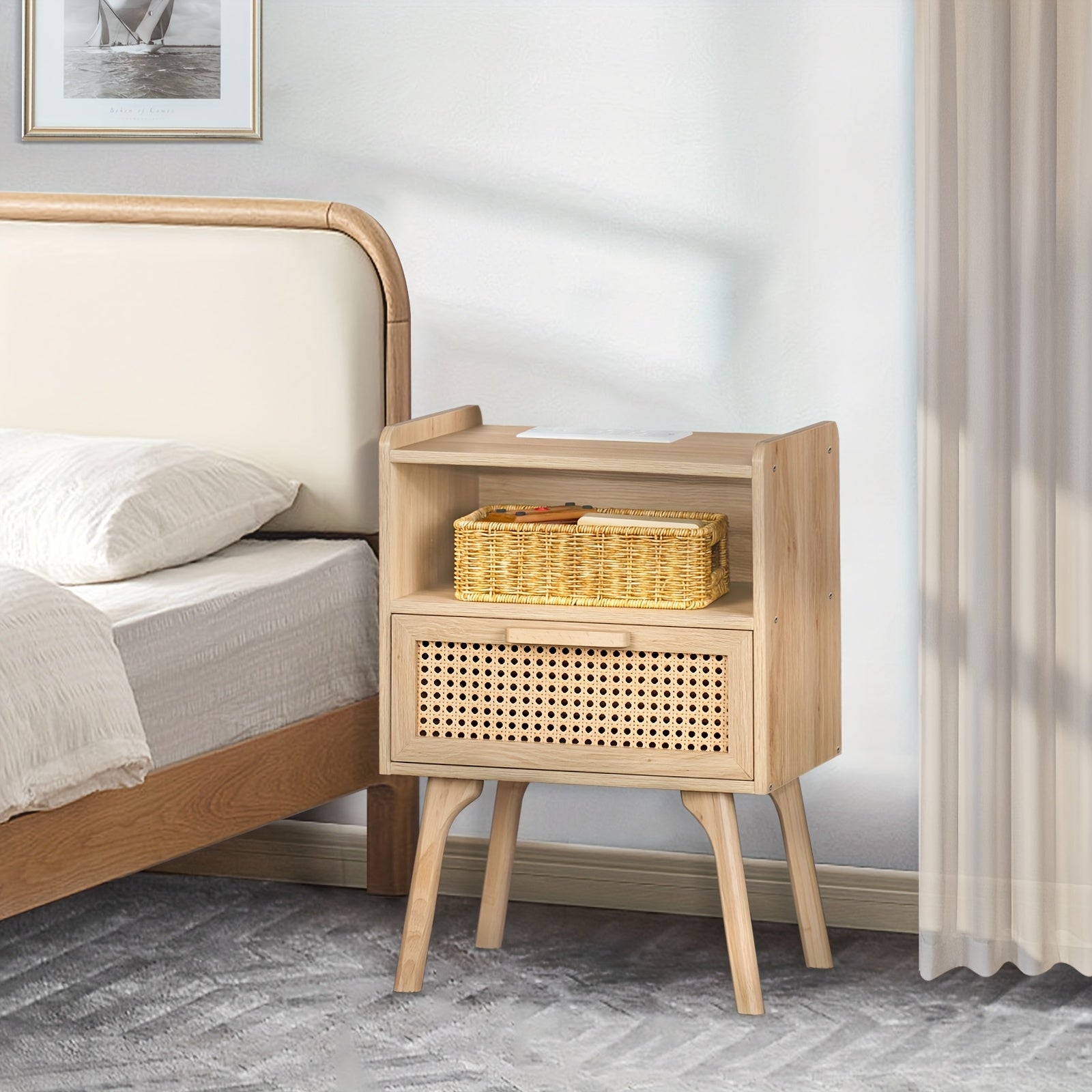 Rattan Nightstand, Boho Side Table With Drawer Open Shelf, Cane Accent Bedside End Table With Solid Wood Legs For Bedroom, Night Stand, Dorm And Small Spaces