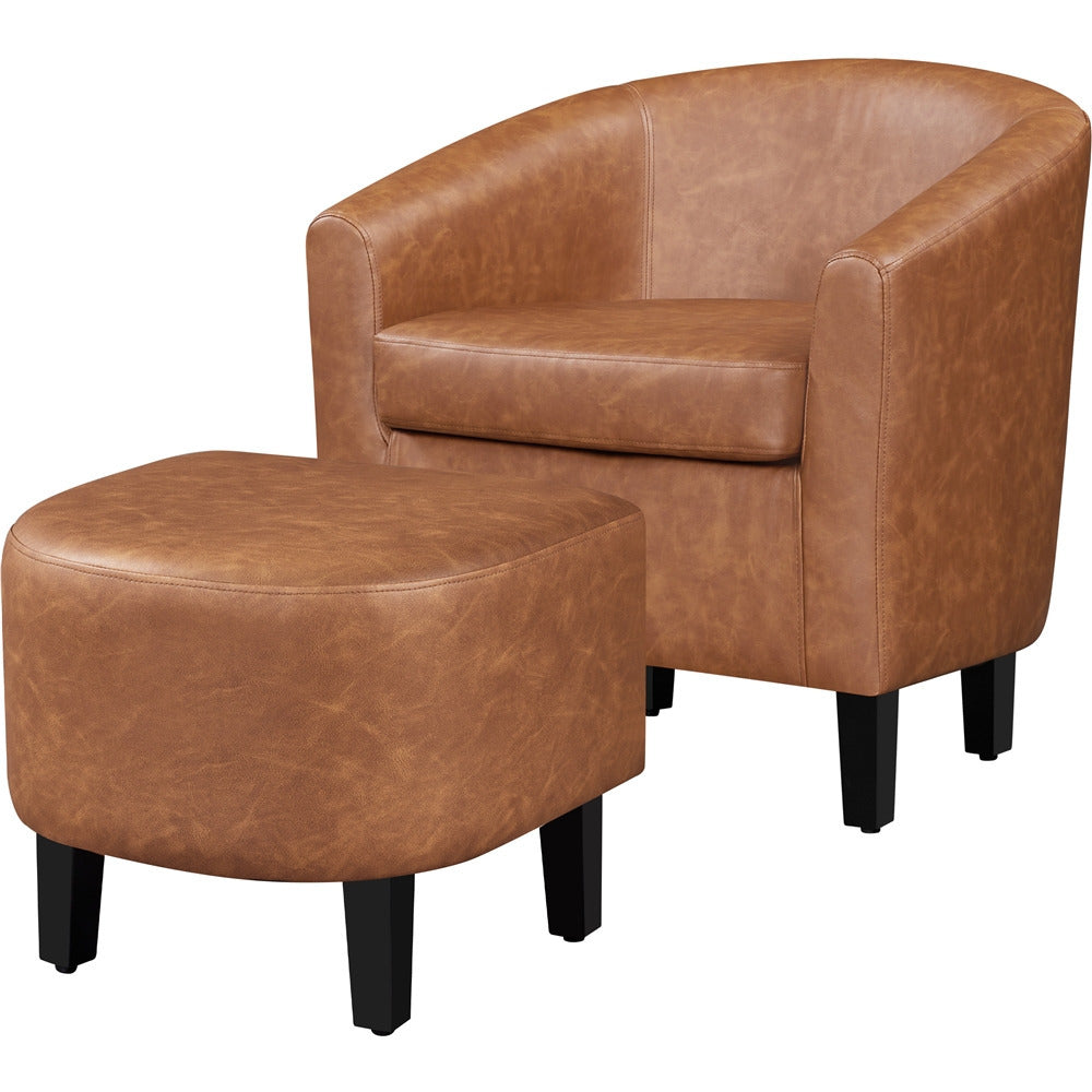 Barrel Chair and Ottoman Set with Boucle Fabric or Faux Leather Upholstery, Contemporary Club Chair with Ottoman, Accent Armchair with Footrest for Living Room, Bedroom, Guestroom, Stylish Upholstered Furniture Set i