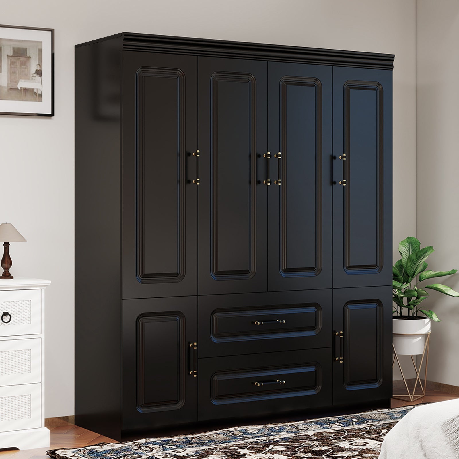 Modern Black Wooden Wardrobe Armoire with Drawer & Shelves - Waterproof, Free-Standing Closet Storage Cabinet for Bedroom, Dustproof with Golden Handles, Portable Closet, Storage Boxes for Organizing