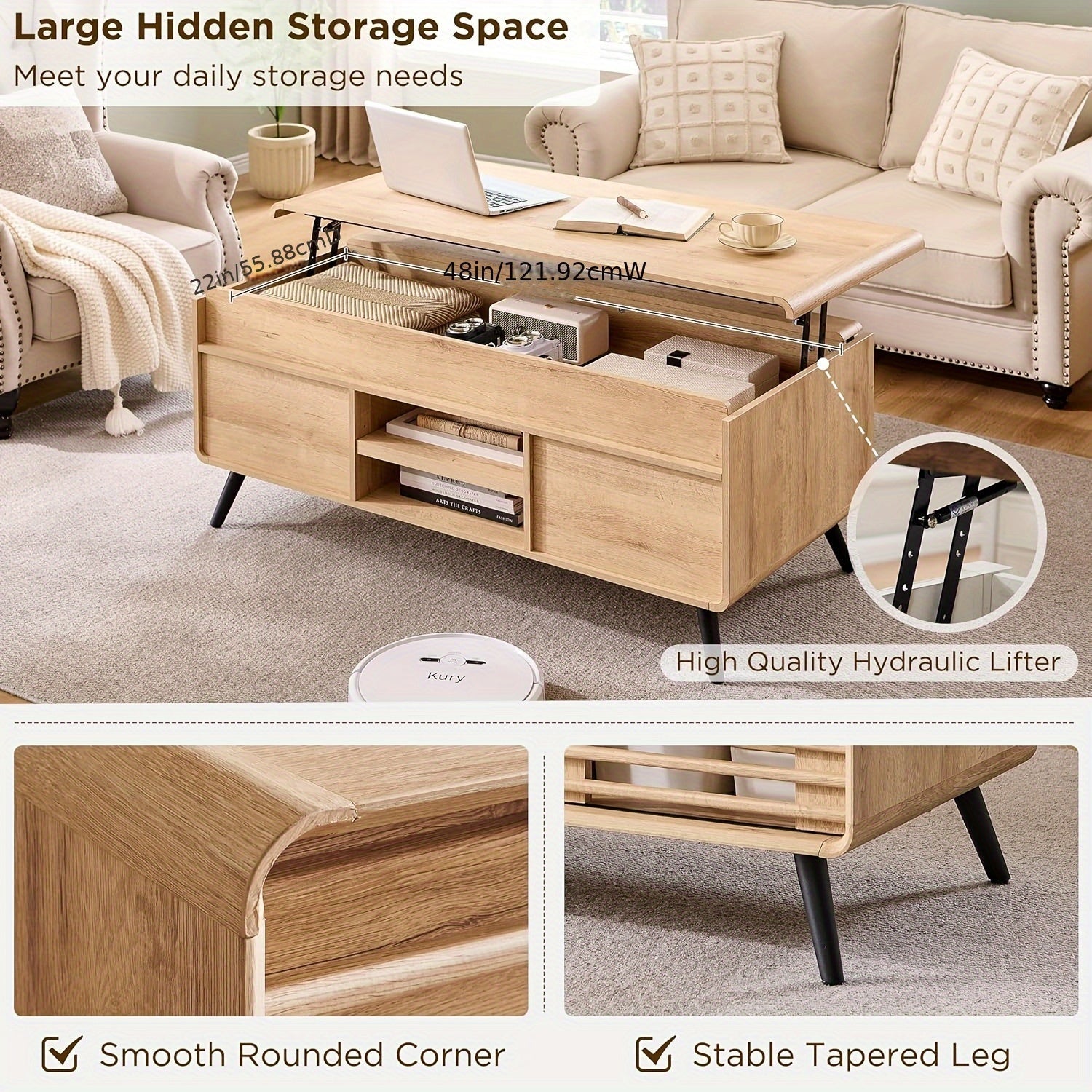 47 Inch Mid-Century Modern Wooden Coffee Table with Sliding Door - Adjustable Height, Hidden Storage & Shelf, Perfect for Living Room