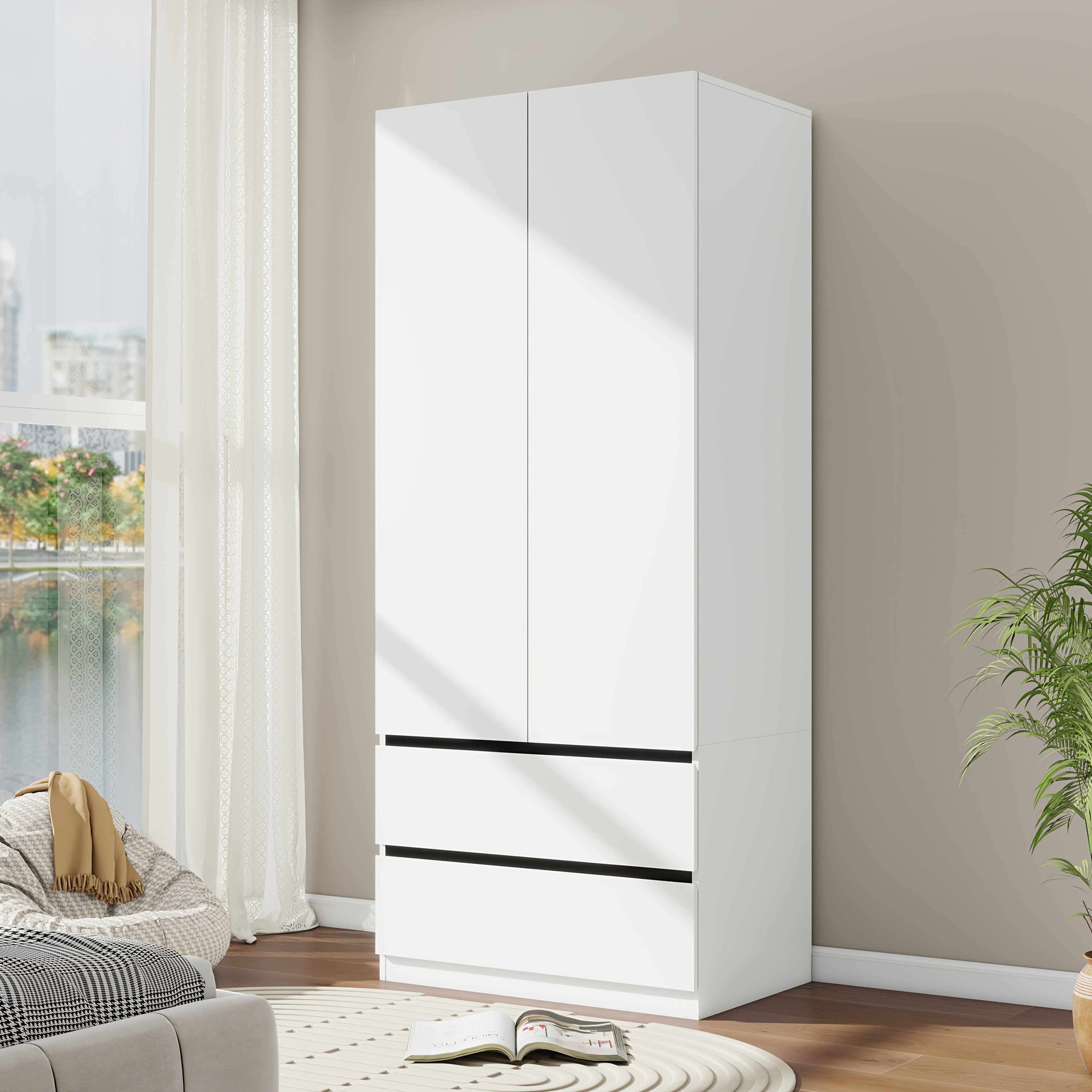 Bedroom Wardrobe with 2 Doors, 75 Inch White Wooden Wardrobe with 2 Drawers, Modern Large Wardrobe, Clothes Hanging Wardrobe