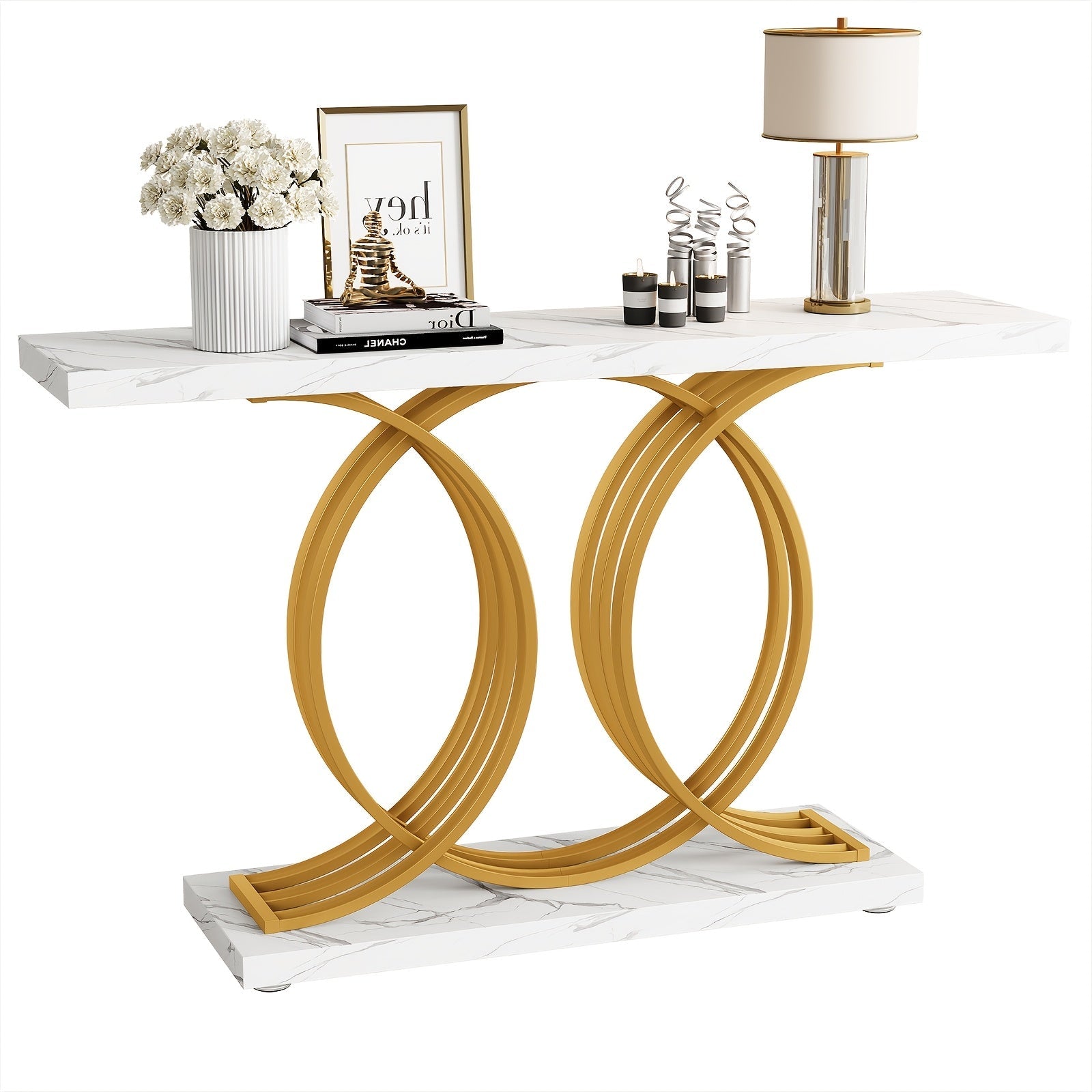 55 Inch Console Table For Hallway, Faux Marble Golden Entryway Table With Geometric Metal Base, Modern Narrow Sofa Accent Table For Entrance, Living Room, Foyer (White & Golden)